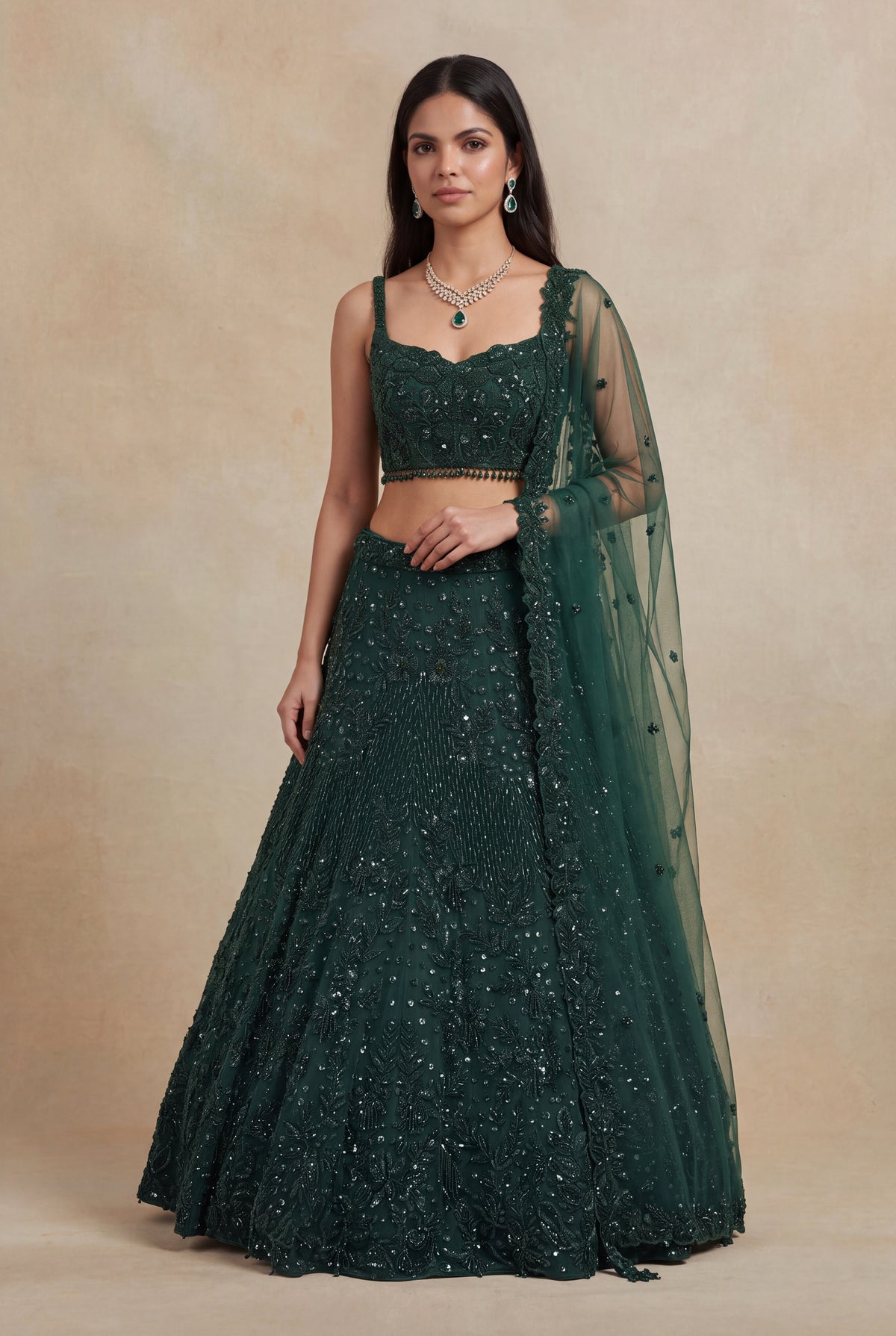 Bottle Green Net Lehenga with Sequin & Beadwork