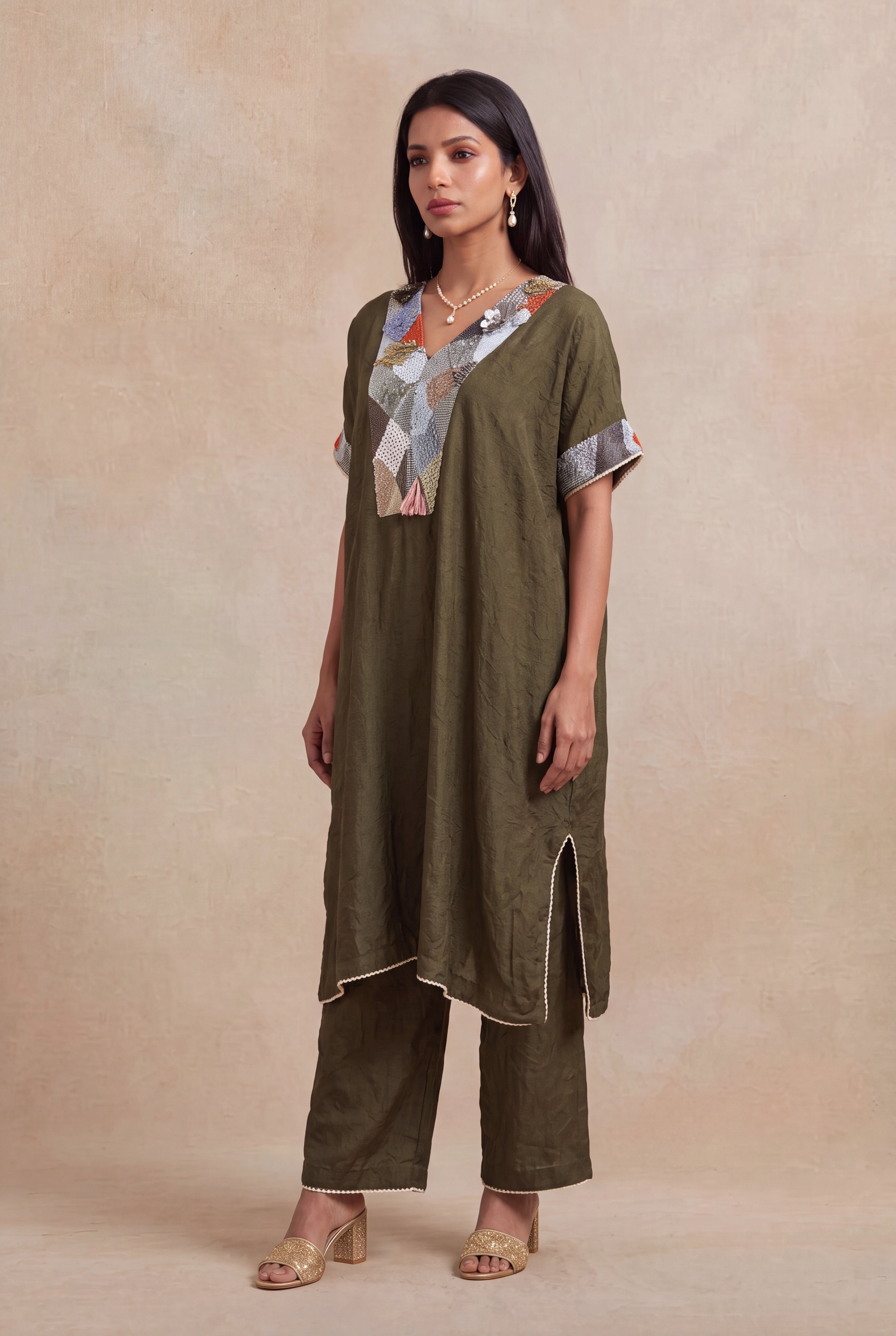 Mehendi Green Soft Silk Kaftan Co-ord Set