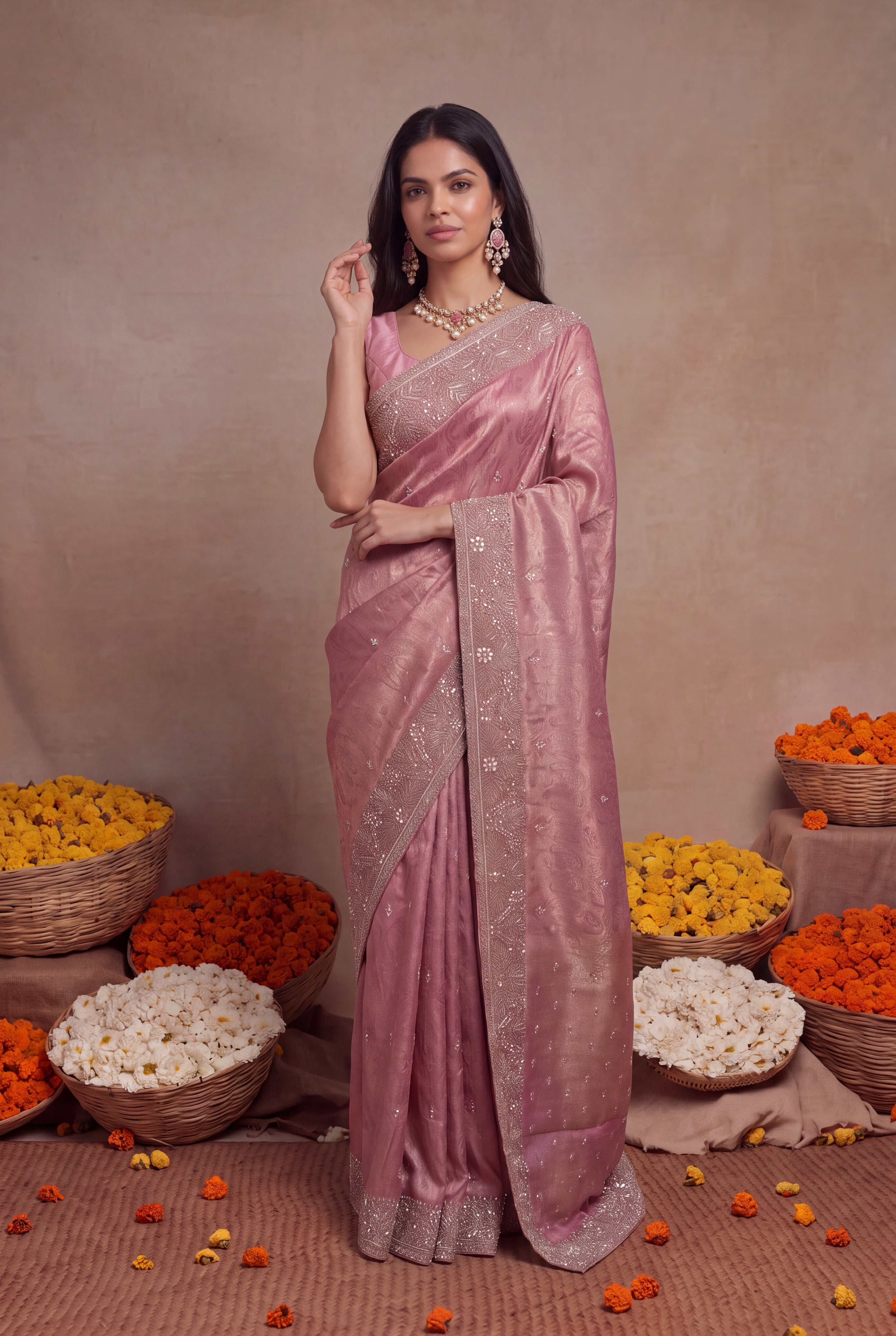 Pink Banarasi Silk Saree with Embellished Border