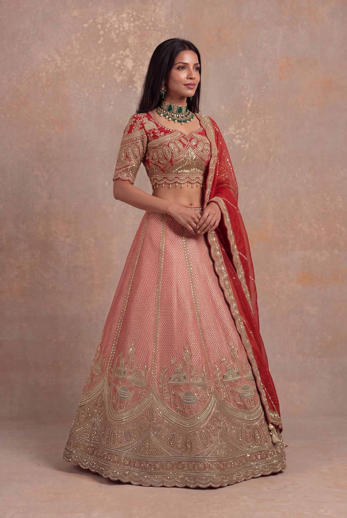 Rust Orange Banarasi Tissue Lehenga Set with Zardozi Embroidery