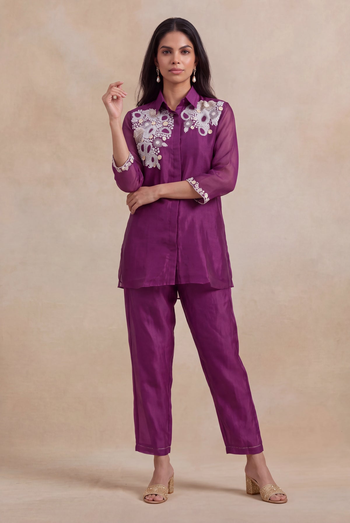 Wine Organza Co-ord Set
