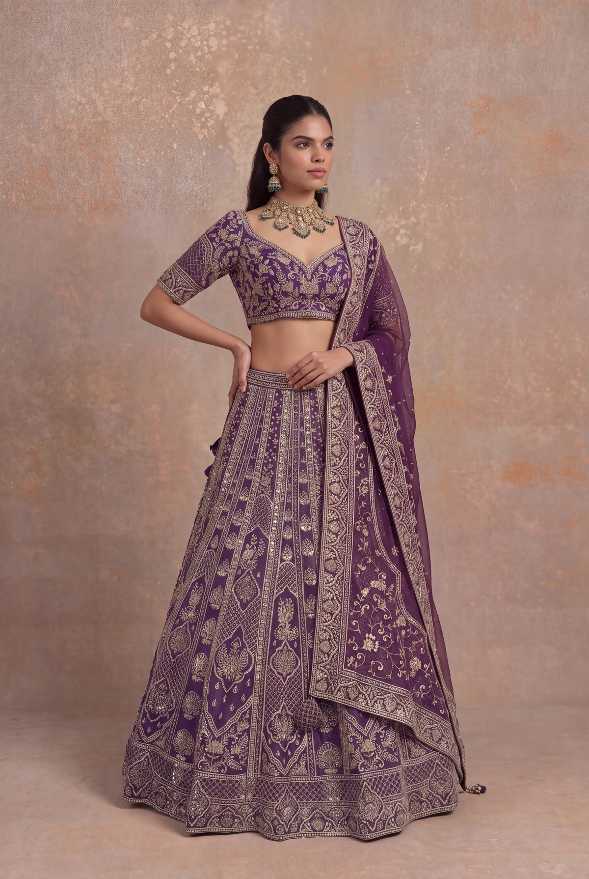 Plum Raw Silk Lehenga Set with Zardozi Embroidery