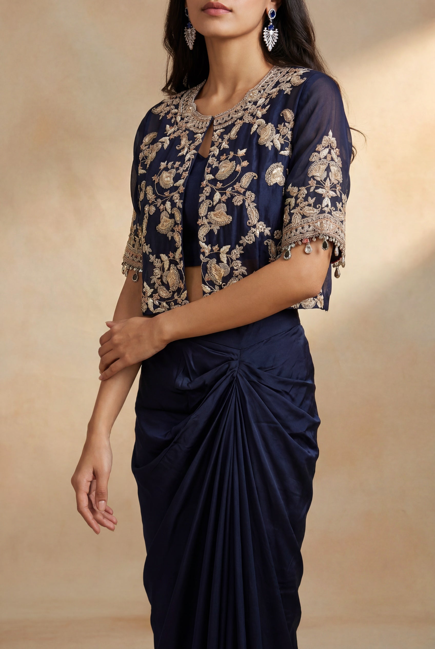 Navy Blue Embroidered Silk Indo-Western