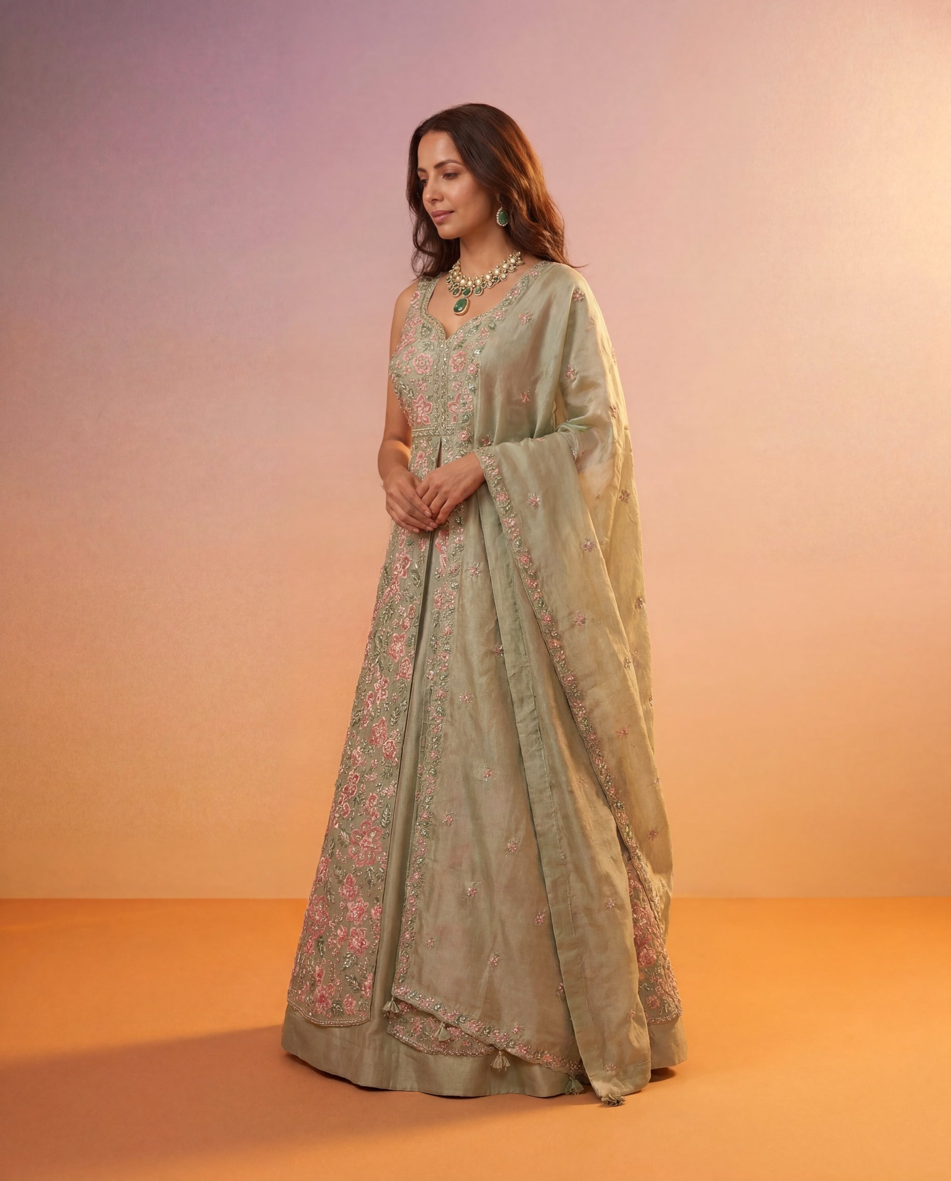 Sage Green Tissue Silk Indo-Western Lehenga