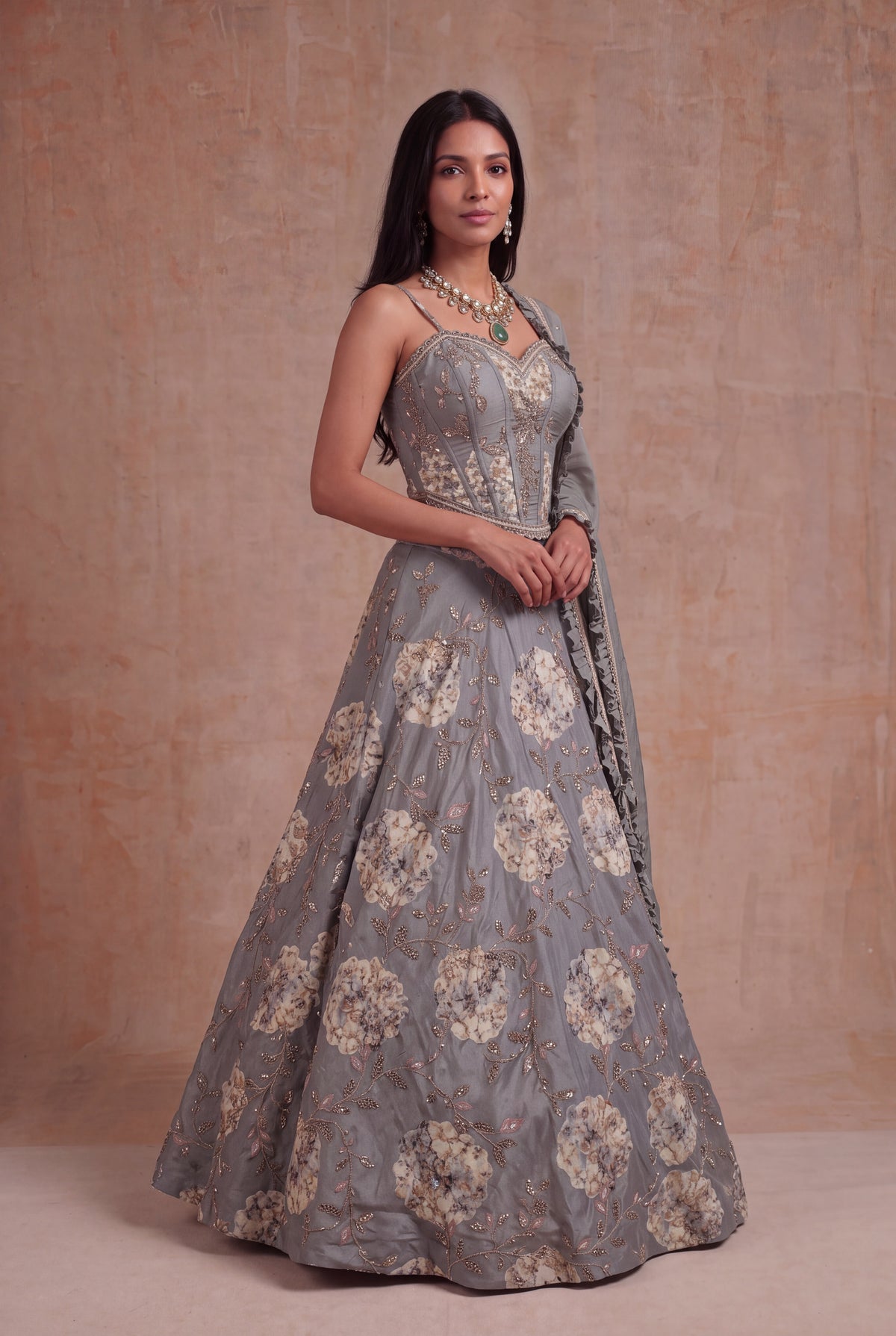 Grey Tissue Silk Floral Lehenga with Zari Work