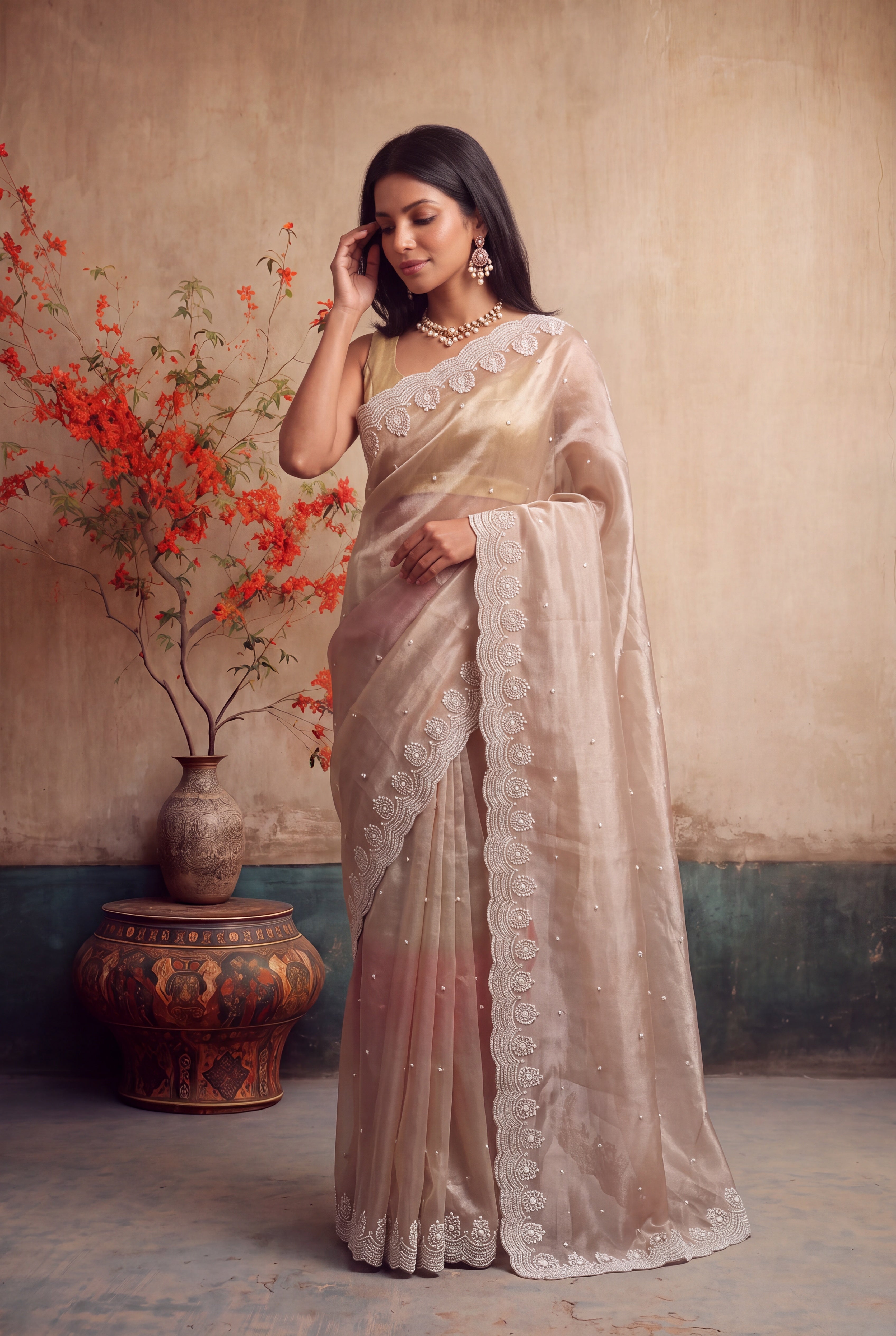 Shaded Glass Tissue Saree with Pearl Scallop Border