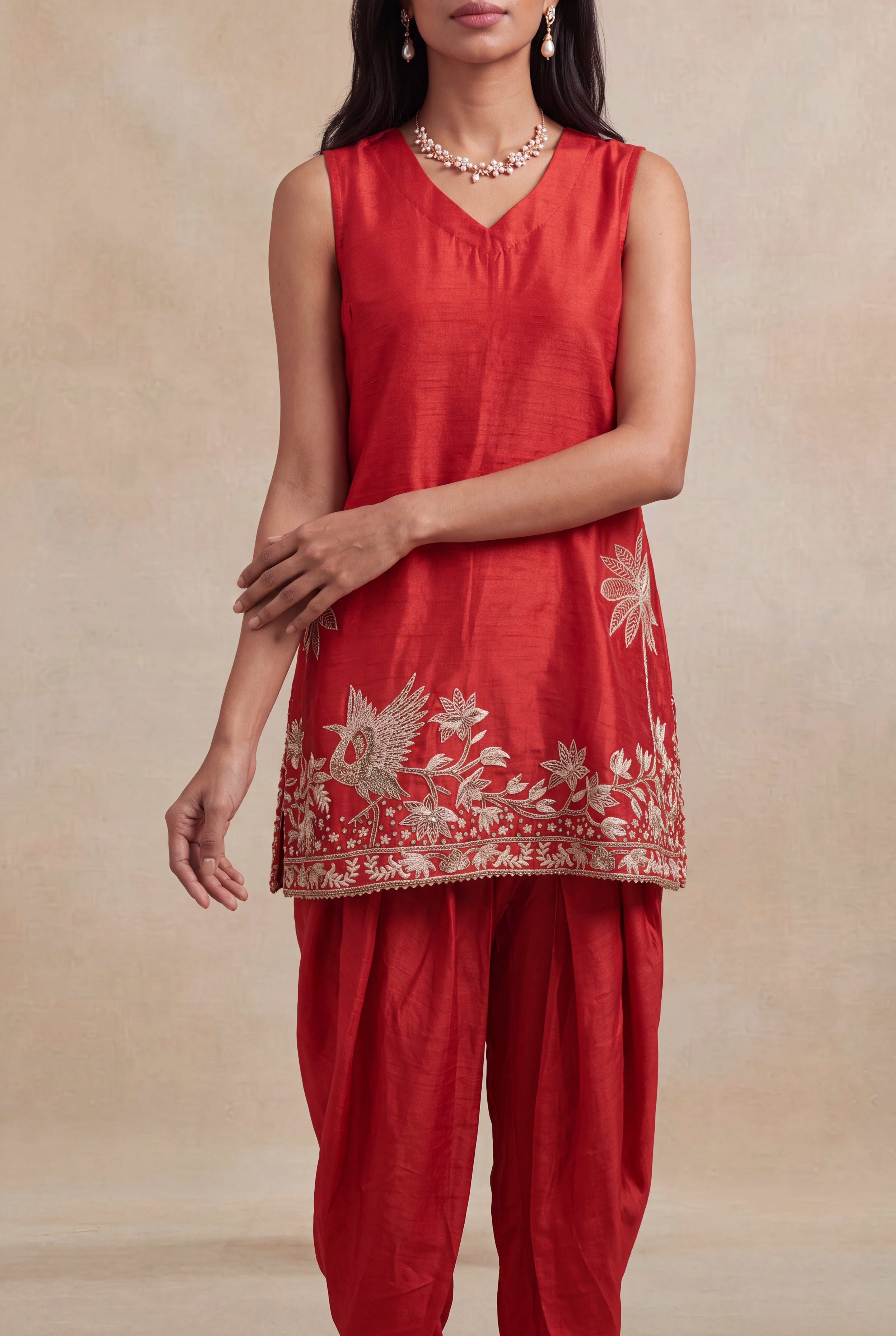 Red Raw Silk Indo-Western Dhoti Set