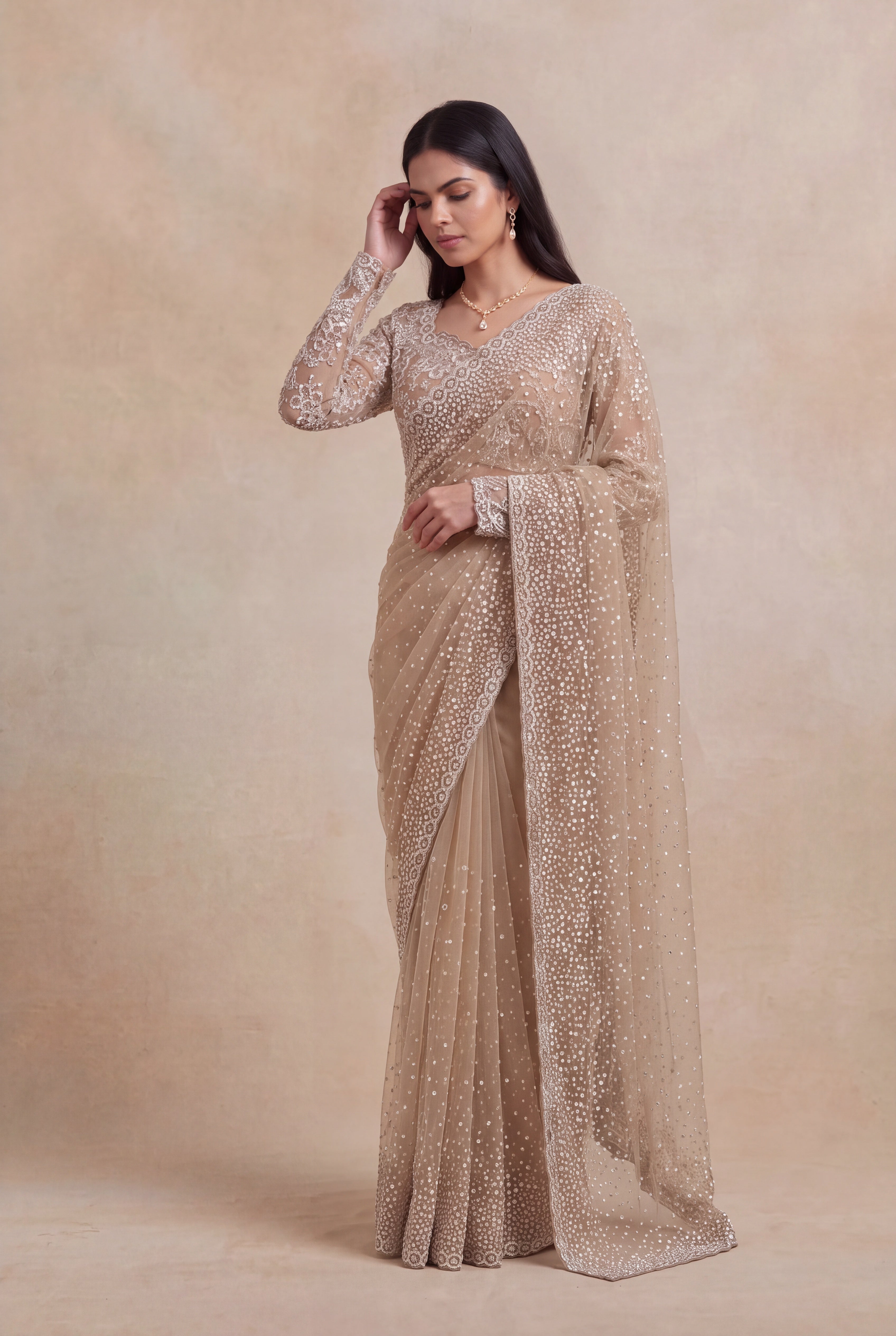 Champagne Beige Net Designer Saree