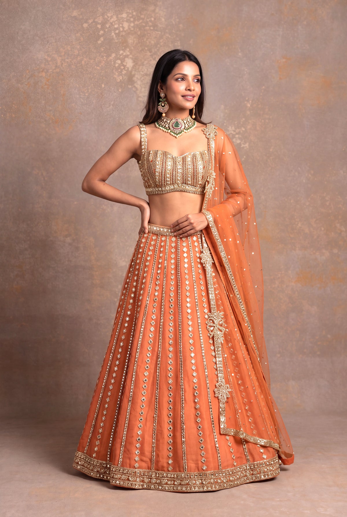 Gold Orange Tissue Lehenga Set with Sequin and Stone Work