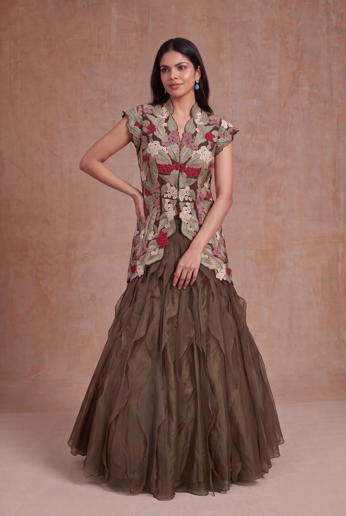 Olive Green Silk & Organza Botanical Embroidery Set