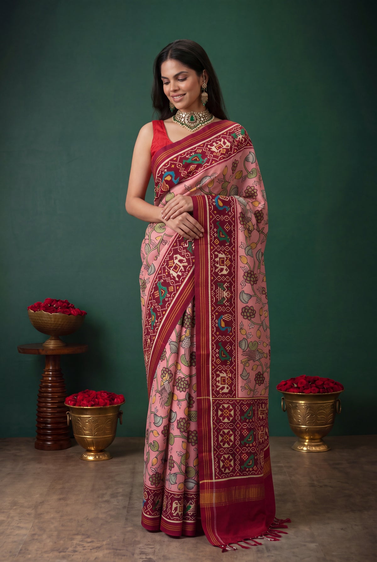 Peach Patan Patola Silk Kalamkari Saree