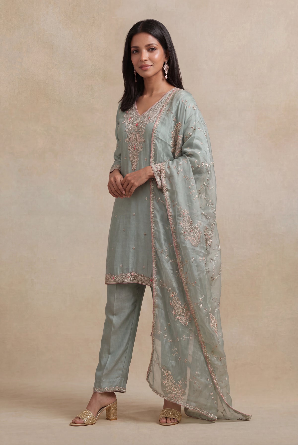 Sage Green Tissue Zardozi Straight Cut Salwar Suit