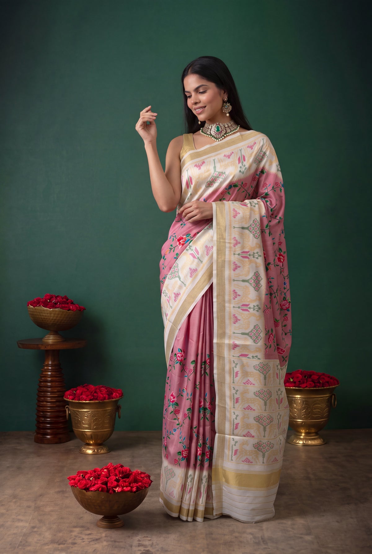 Rose Pink Twill Silk Patola Saree
