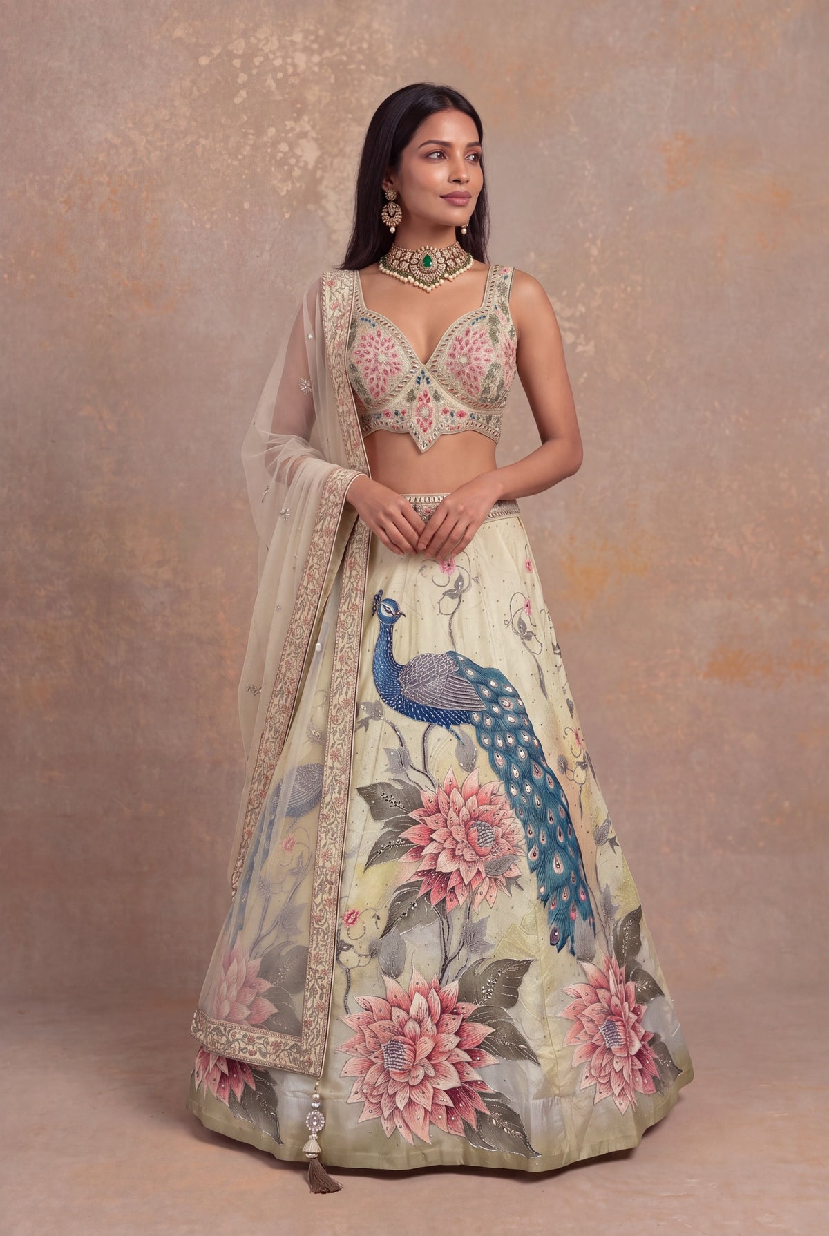 Pista Green Peacock & Floral Silk Lehenga