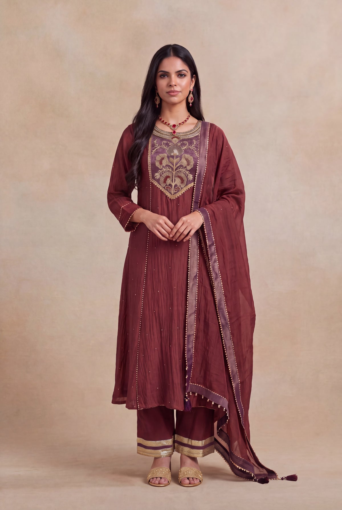 Wine Mul Cotton Zardosi A-Line Salwar Set