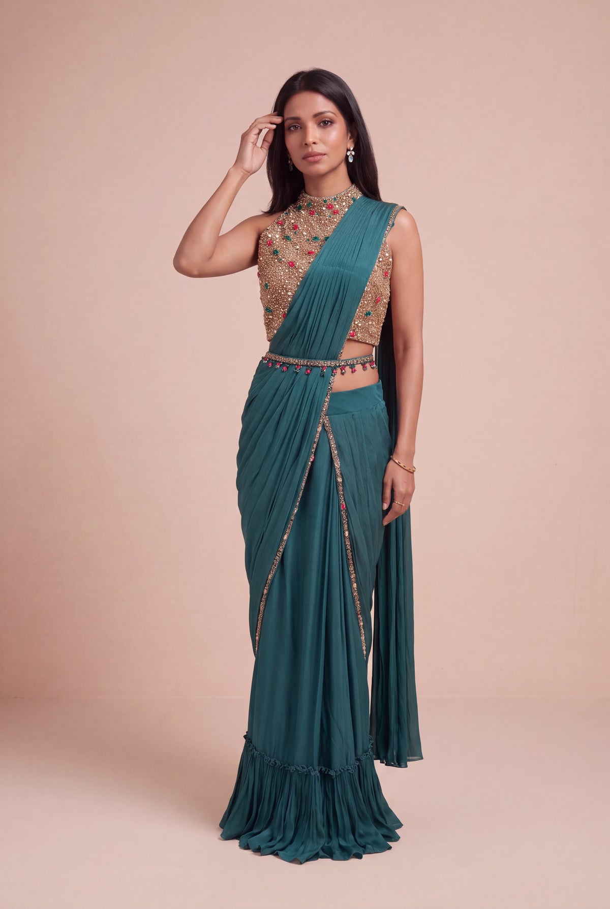 Emerald Green Draped Saree with Jewel-Embroidered Halter Blouse