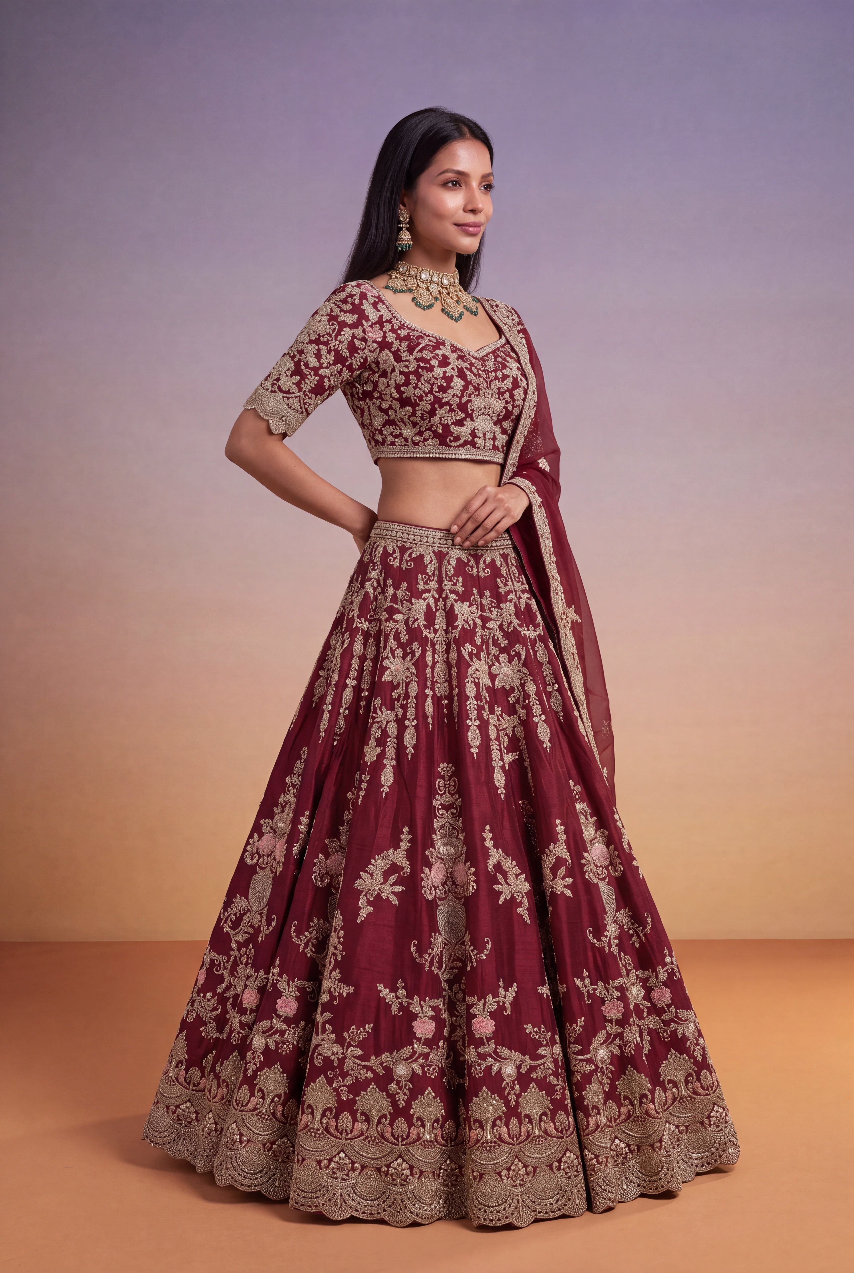 Wine Raw Silk Bridal Lehenga