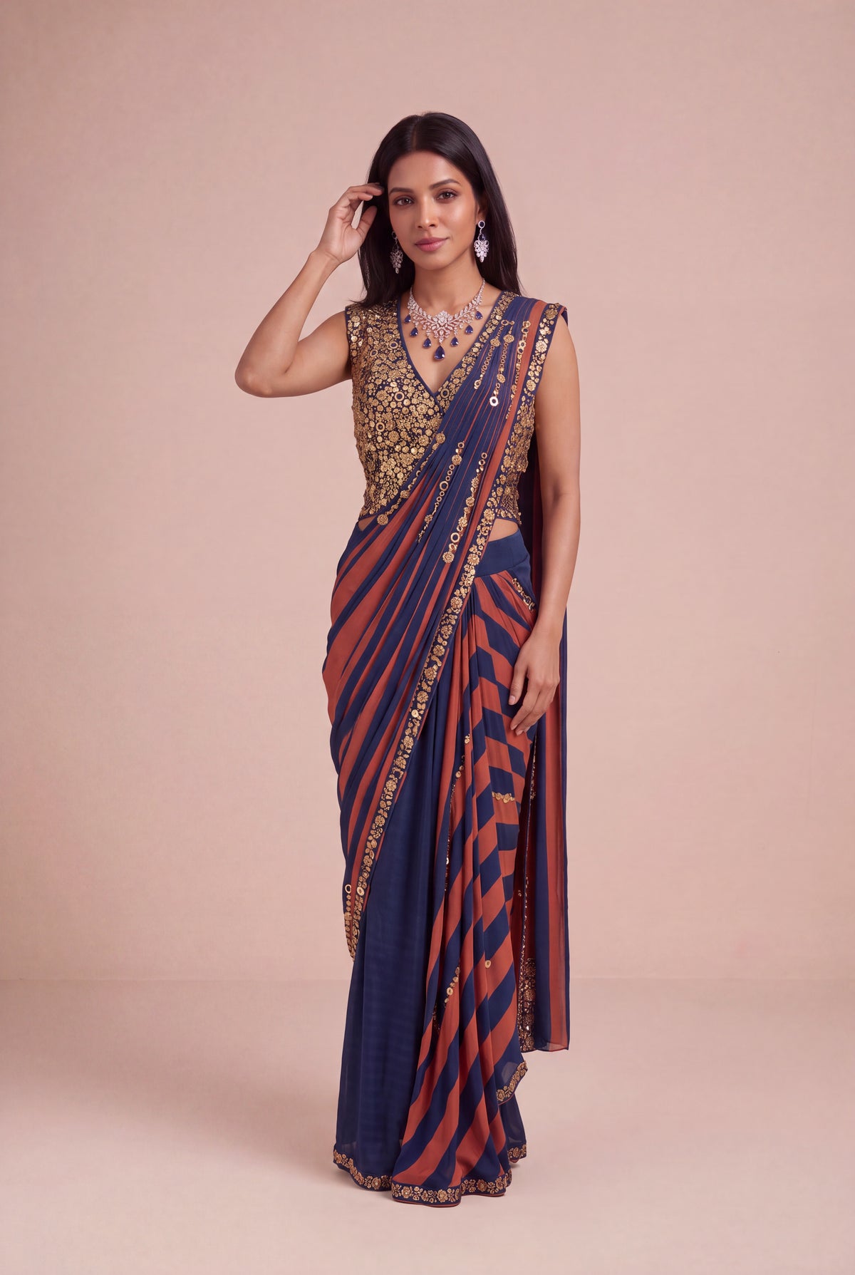 Navy Blue & Rust Satin Silk Pre-Draped Saree