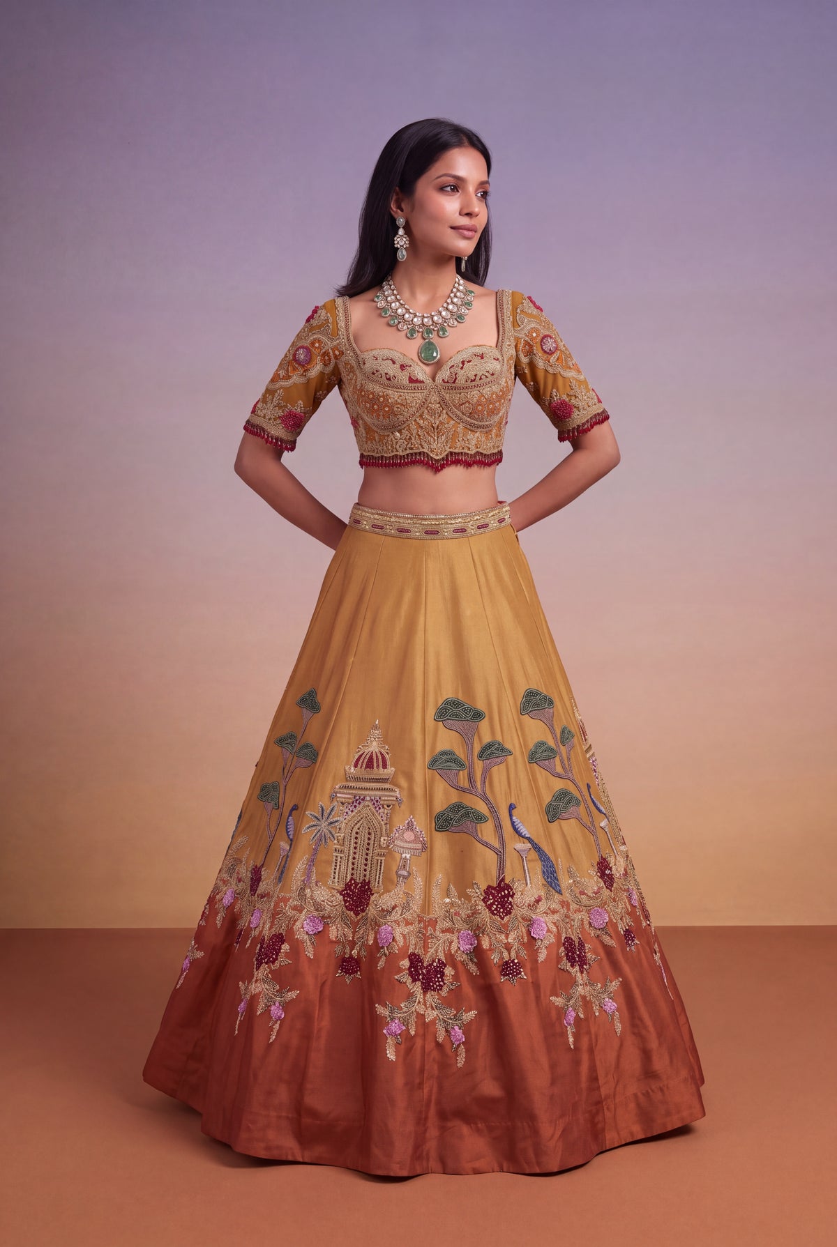 Mustard & Burnt Orange Tissue Lehenga