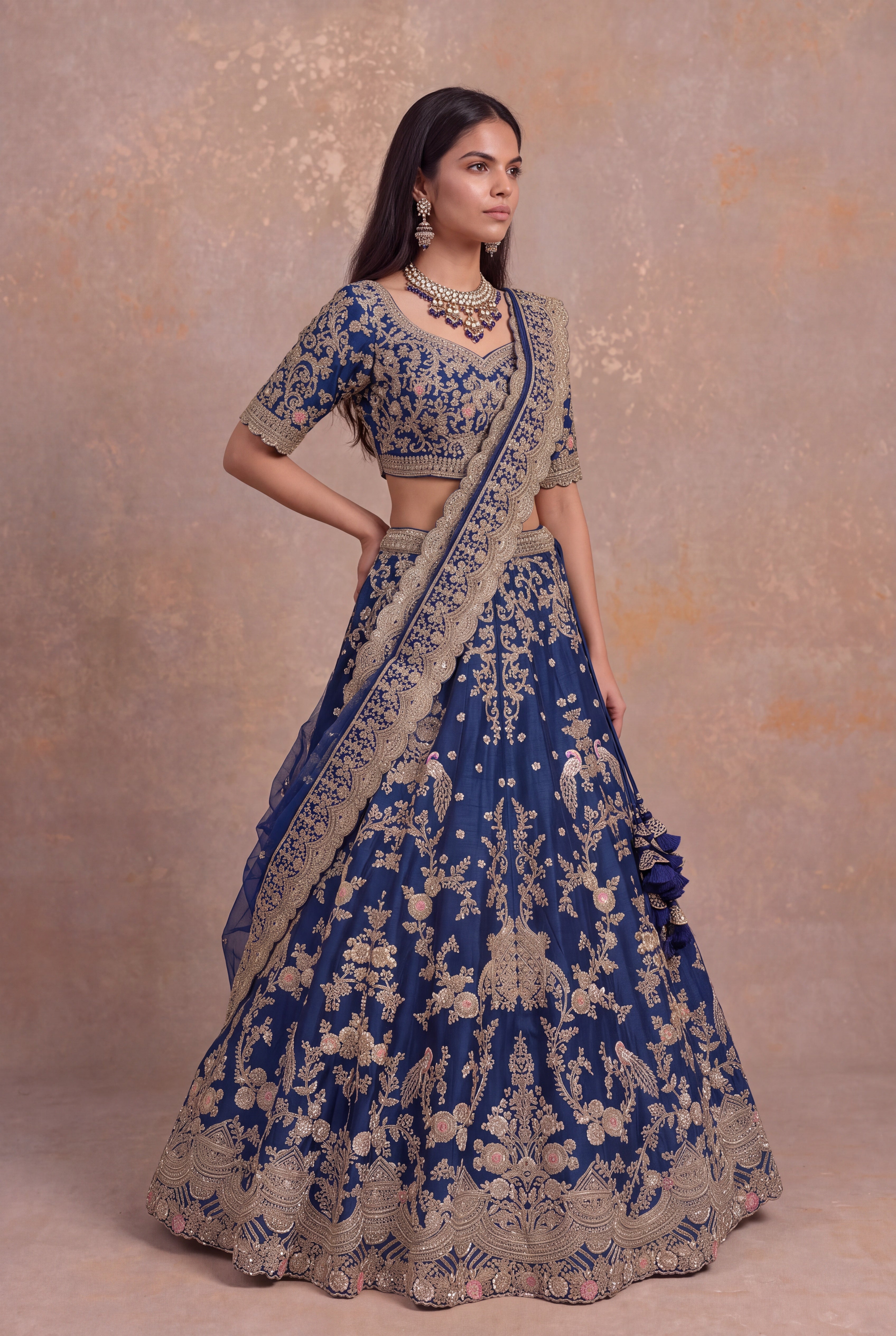 Royal Blue Silk Lehenga with Zardozi Peacock & Floral Embroidery