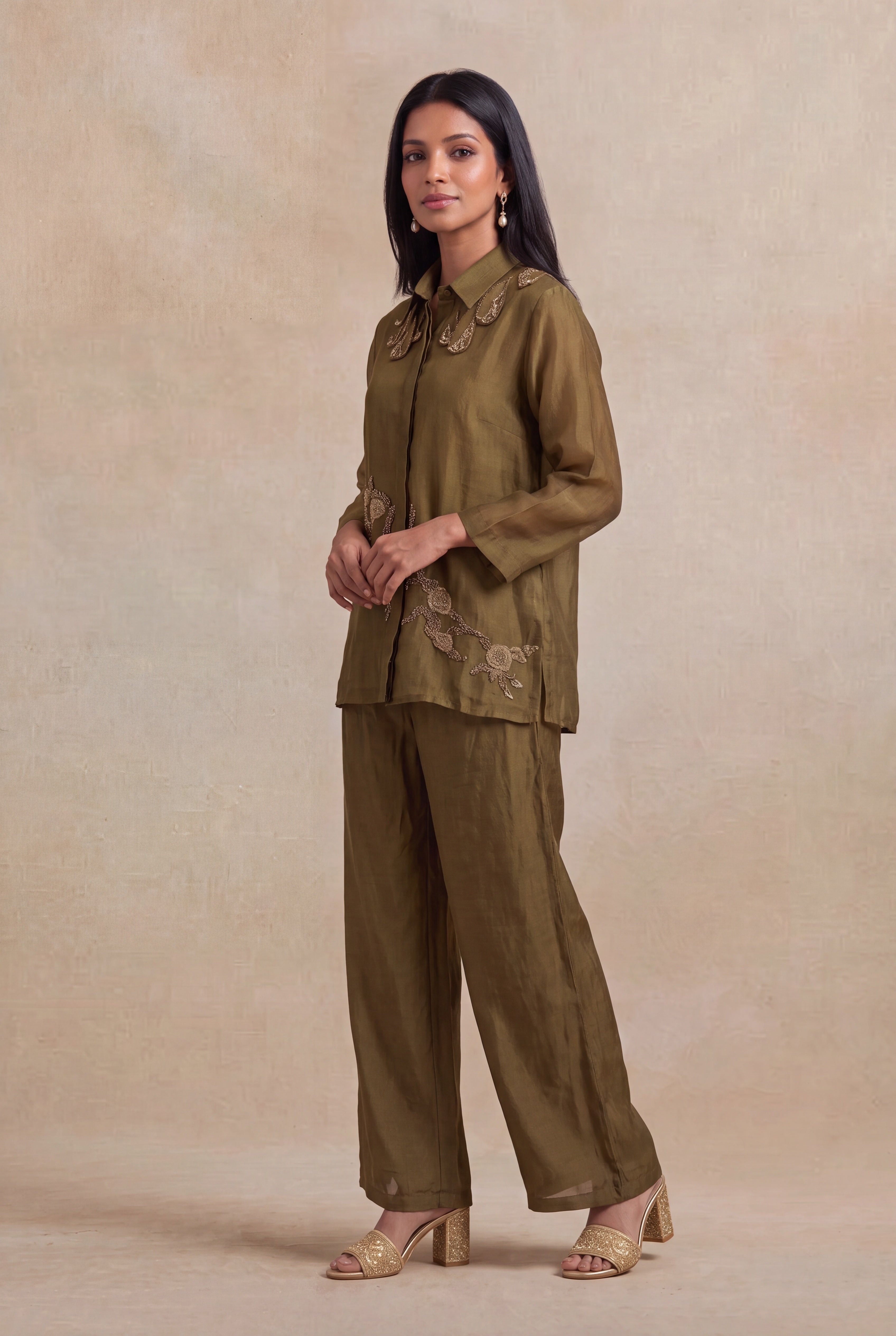 Olive Green Organza Embellished Co-ord Set