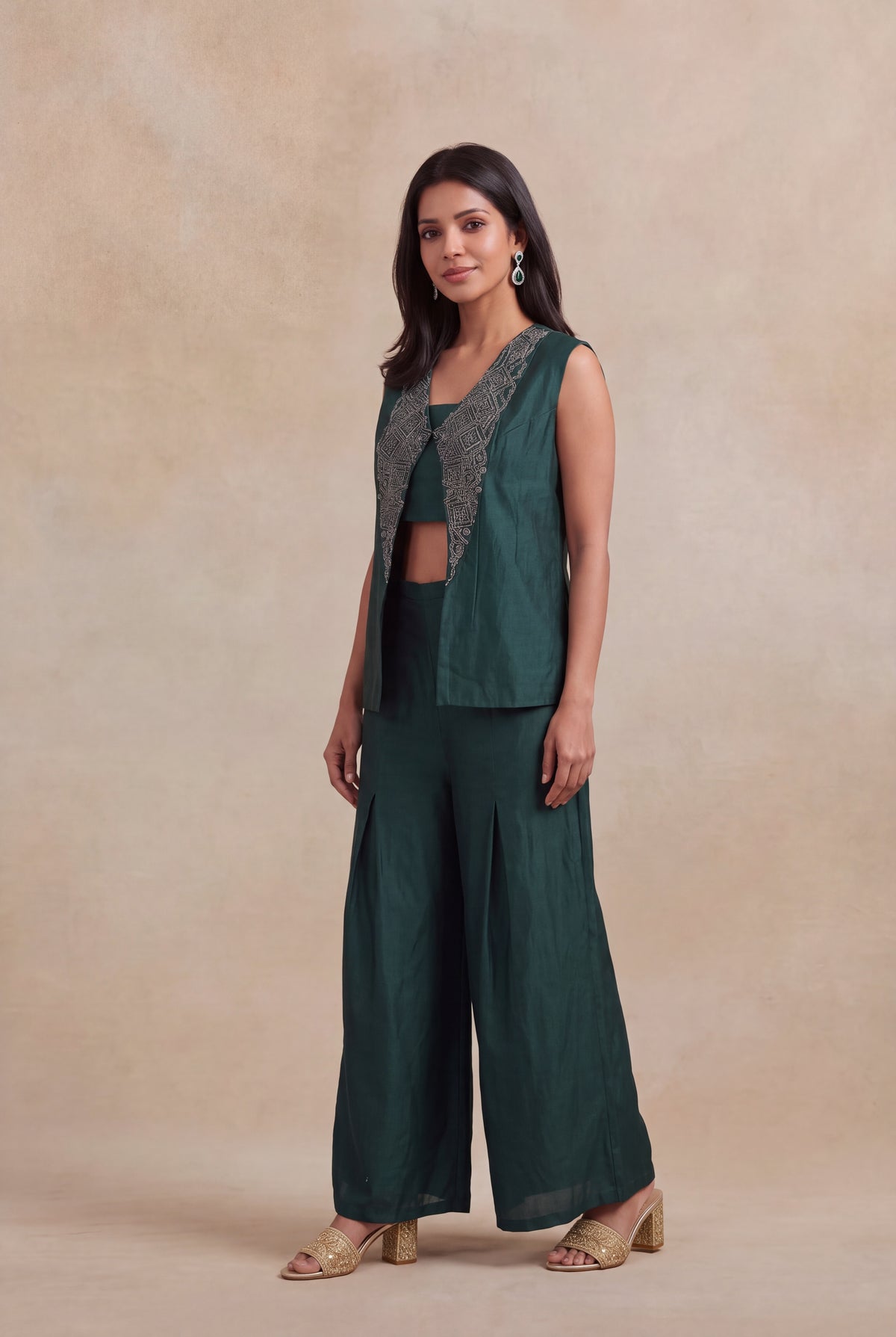 Emerald Green Silk Indo-Western Three-Piece Set