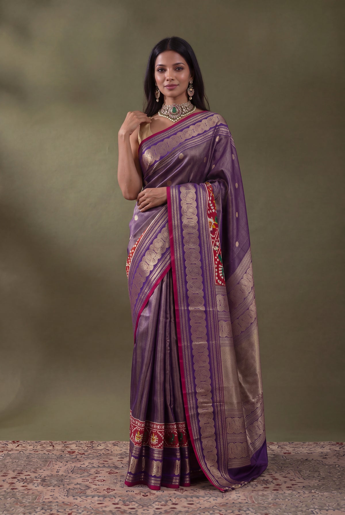Purple Kanchipuram Silk Fusion Saree with Patan Patola Border