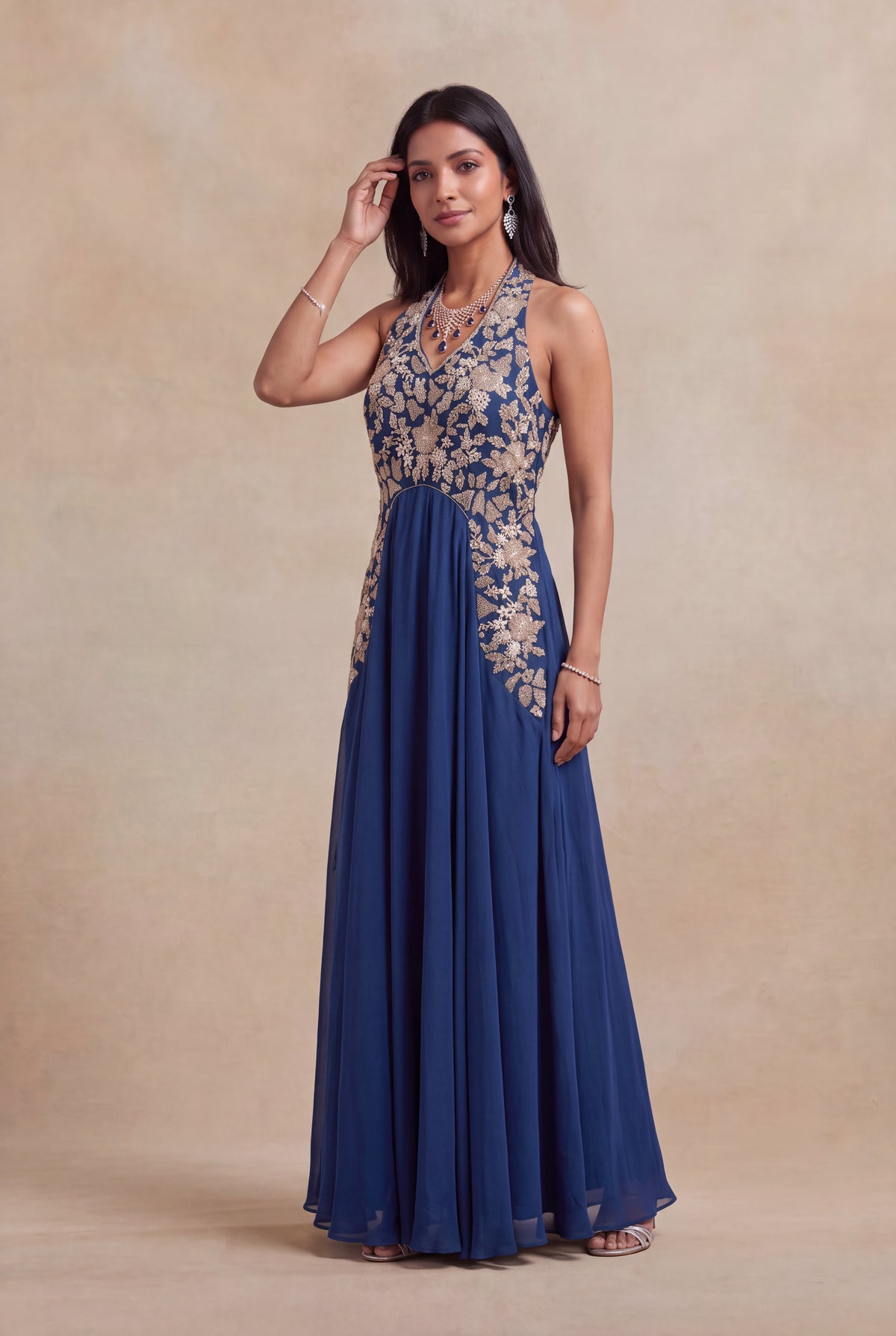 Navy Blue Satin Silk Gown