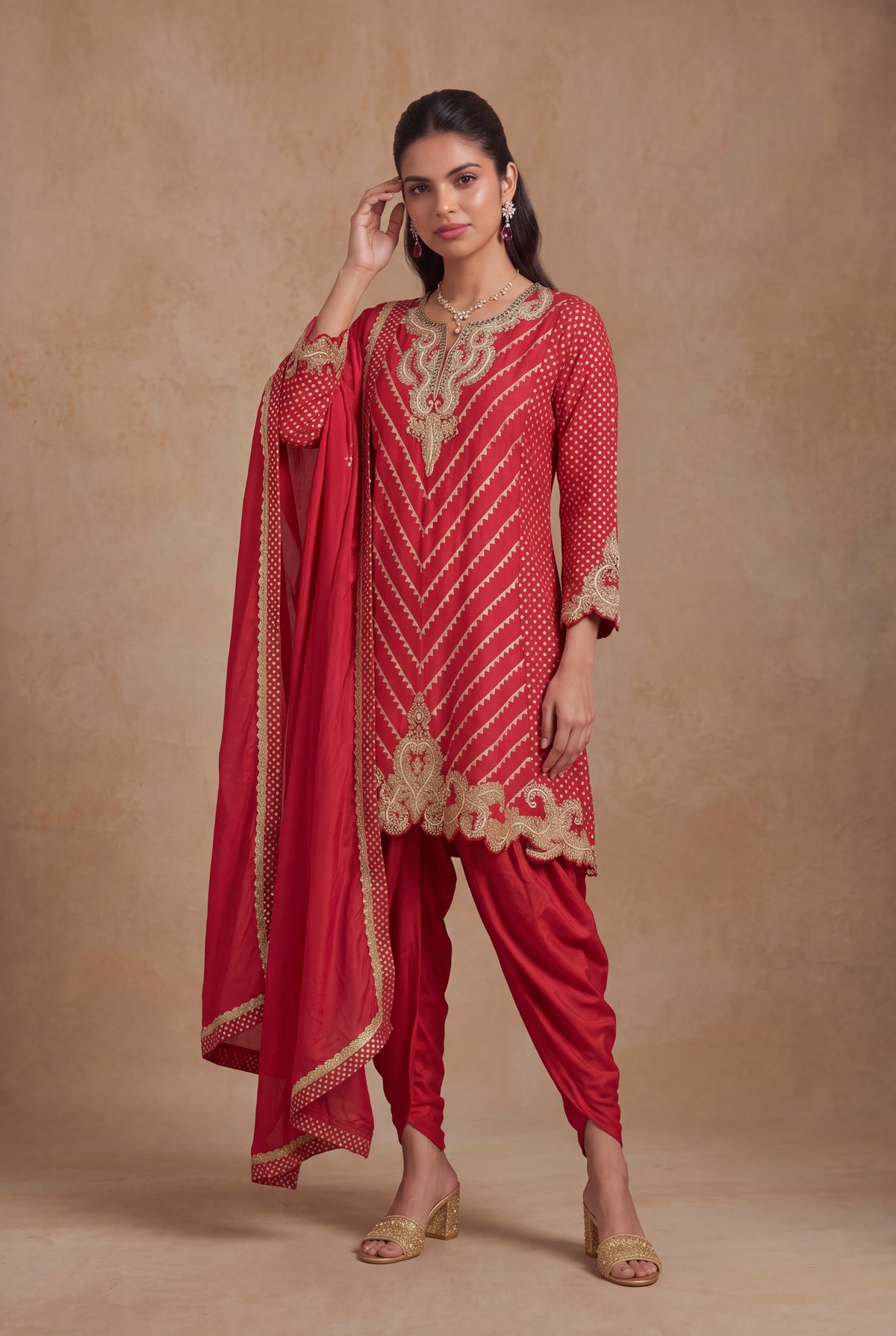 Cherry Red Banarasi Silk Indo Western Set with Zari and Pearl Work
