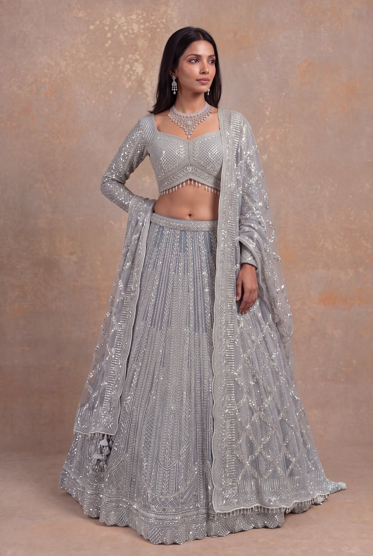 Ice Blue Net Sequin & Stone Embellished Lehenga Set