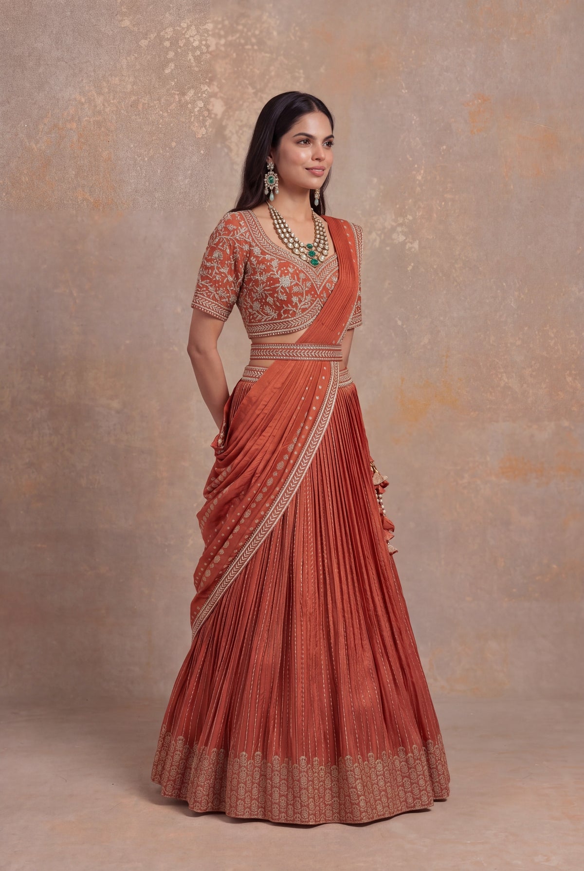 Light Orange Banarasi Draped Lehenga Set