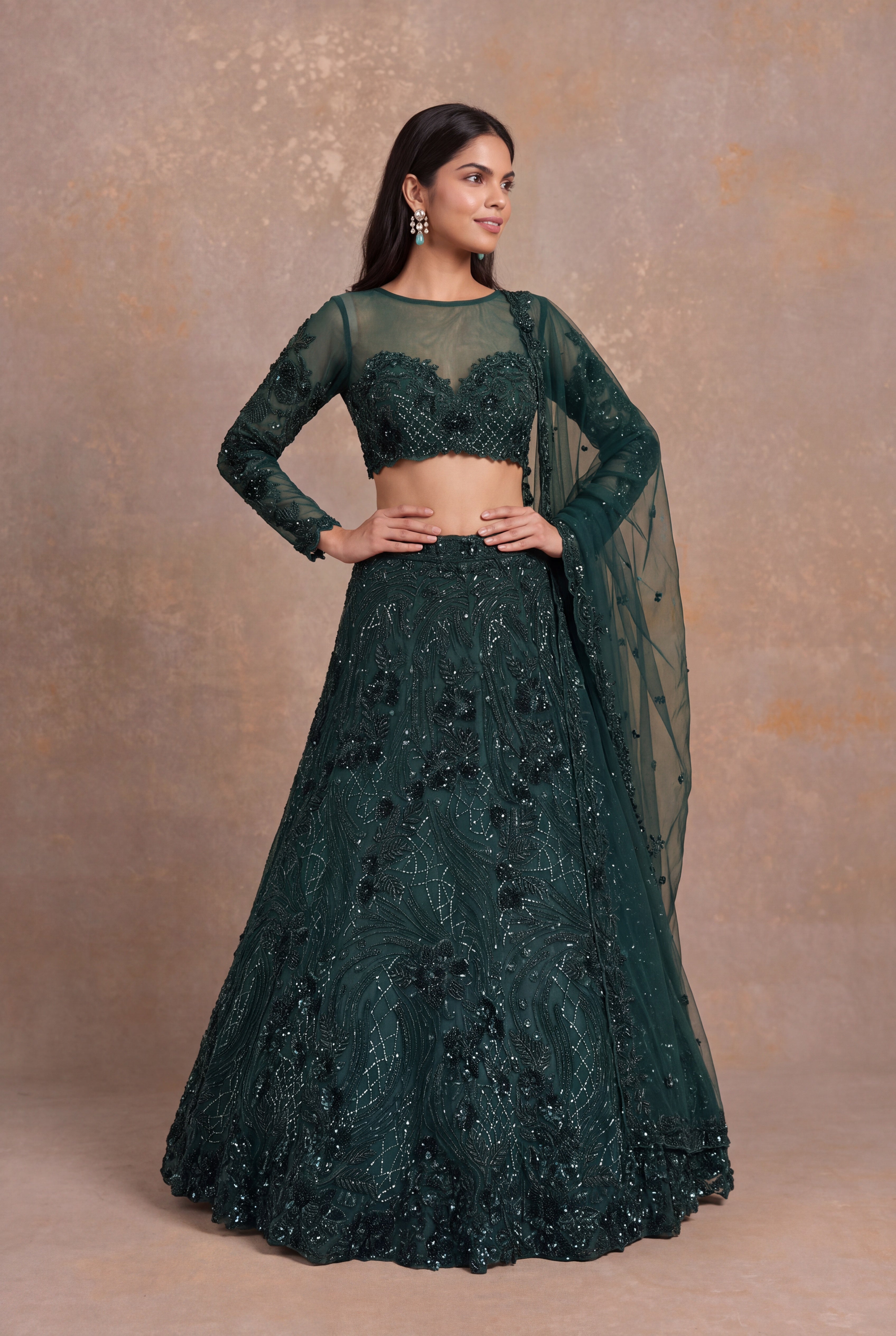 Emerald Green Net Lehenga with Sheer Sleeves and Swirling Bead Embroidery