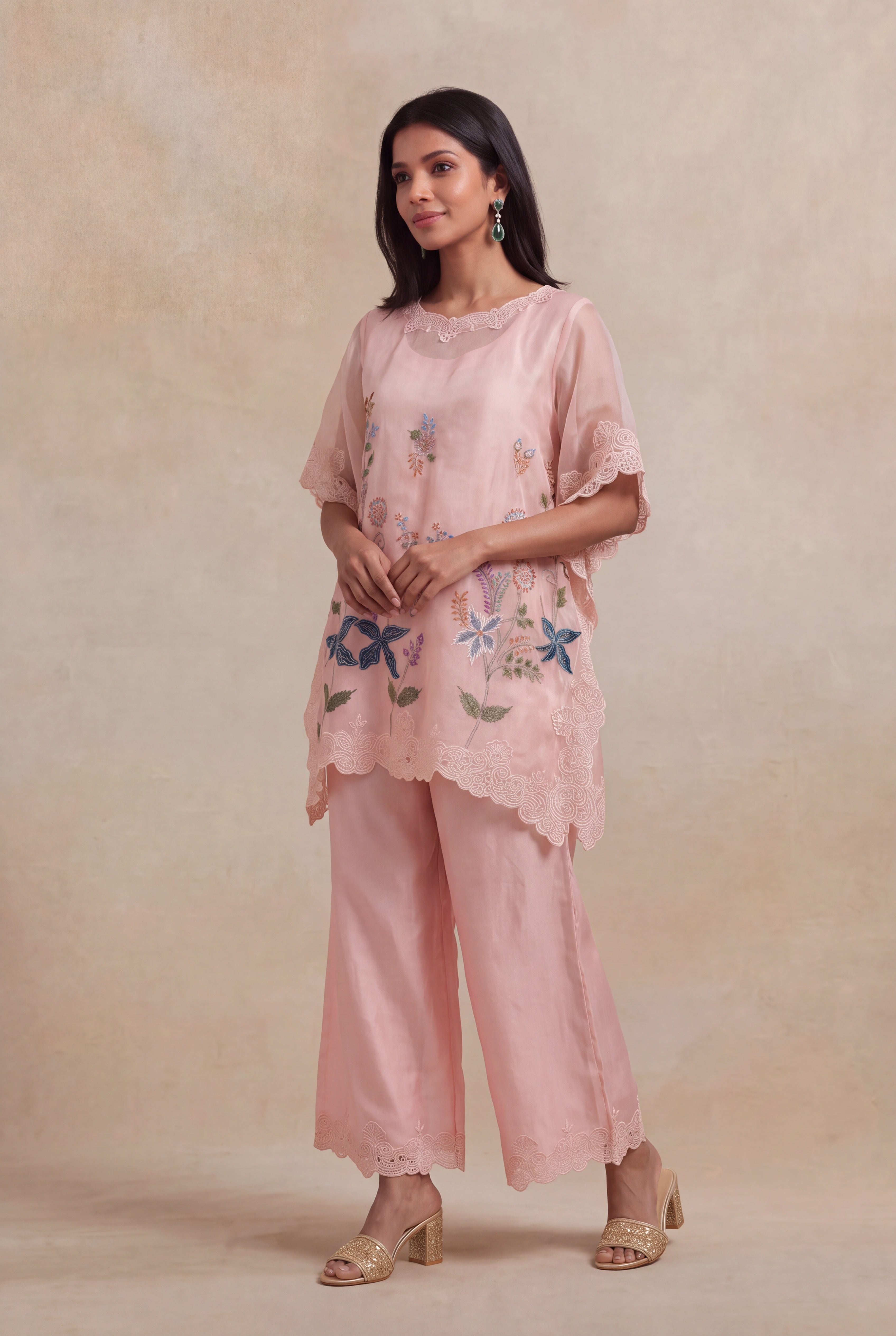 Blush Pink Organza Kaftan with Floral Thread Embroidery