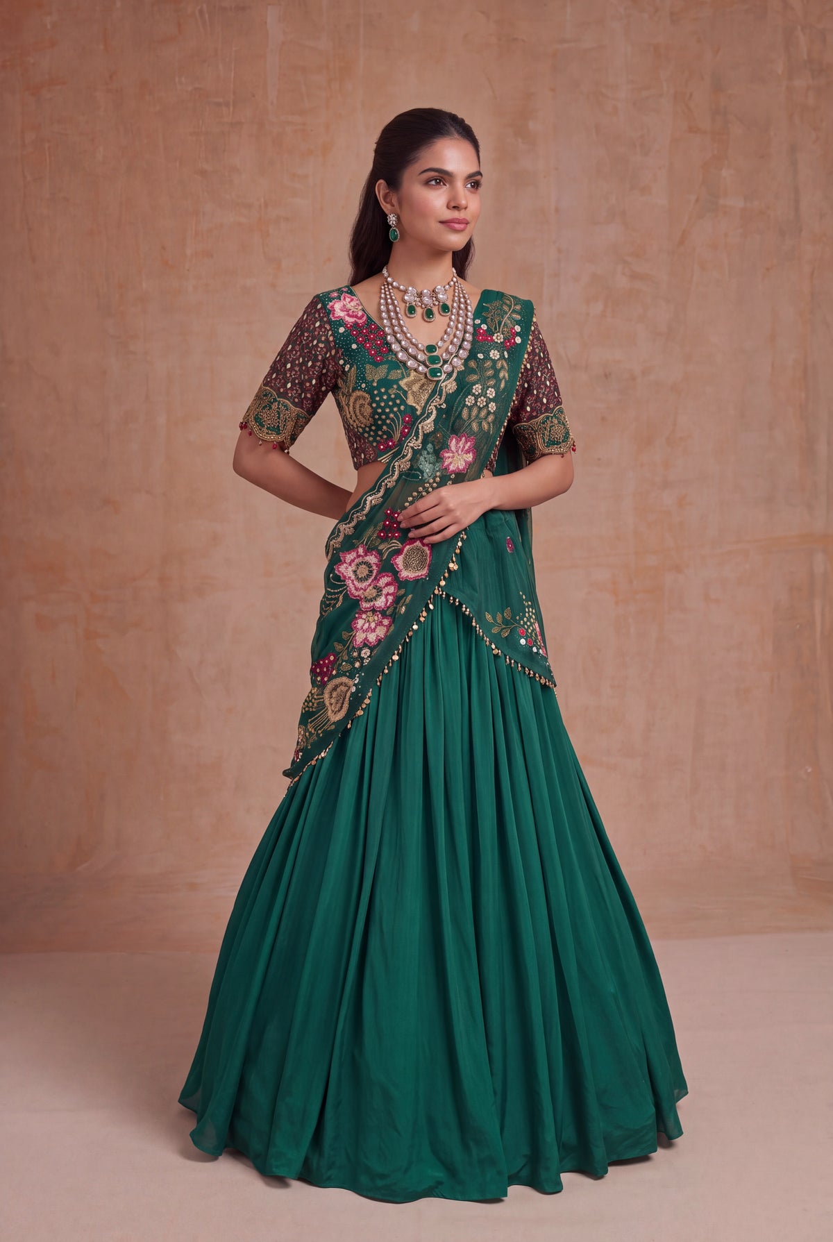 Emerald Green Draped Silk Lehenga set