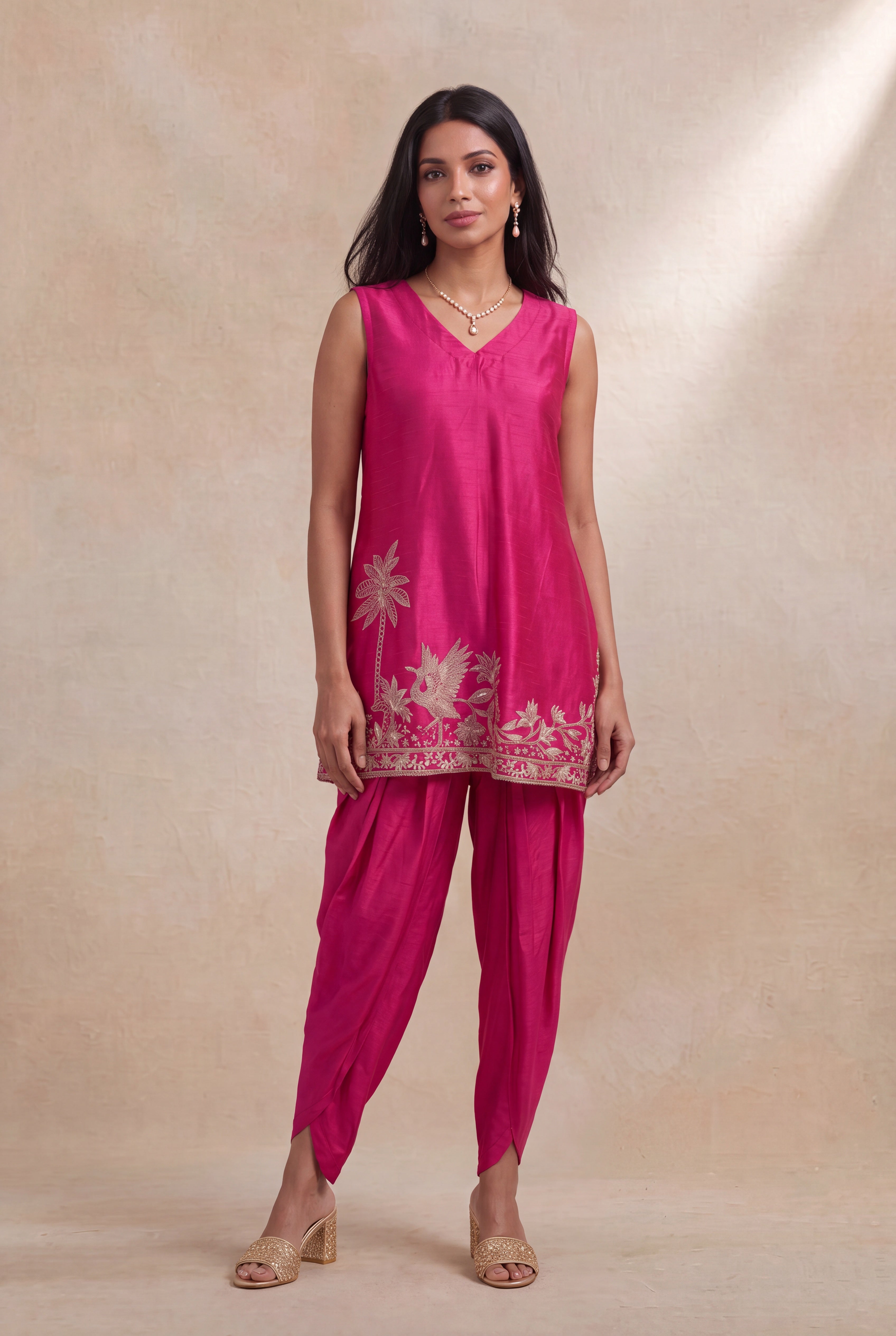 Rani Pink Raw Silk Indo-Western Dhoti Set
