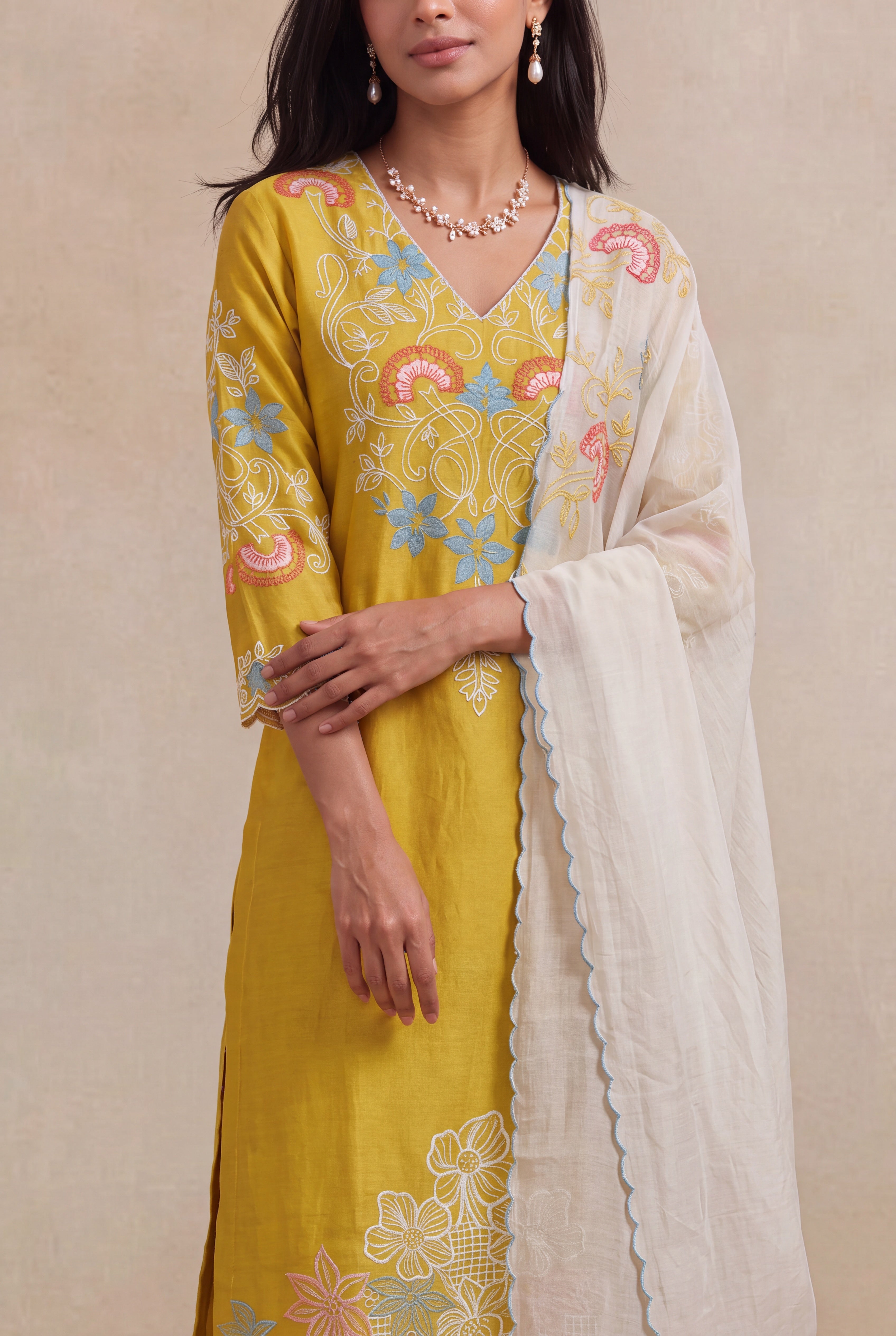 Mustard Yellow Chanderi Cotton Embroidered Salwar Set