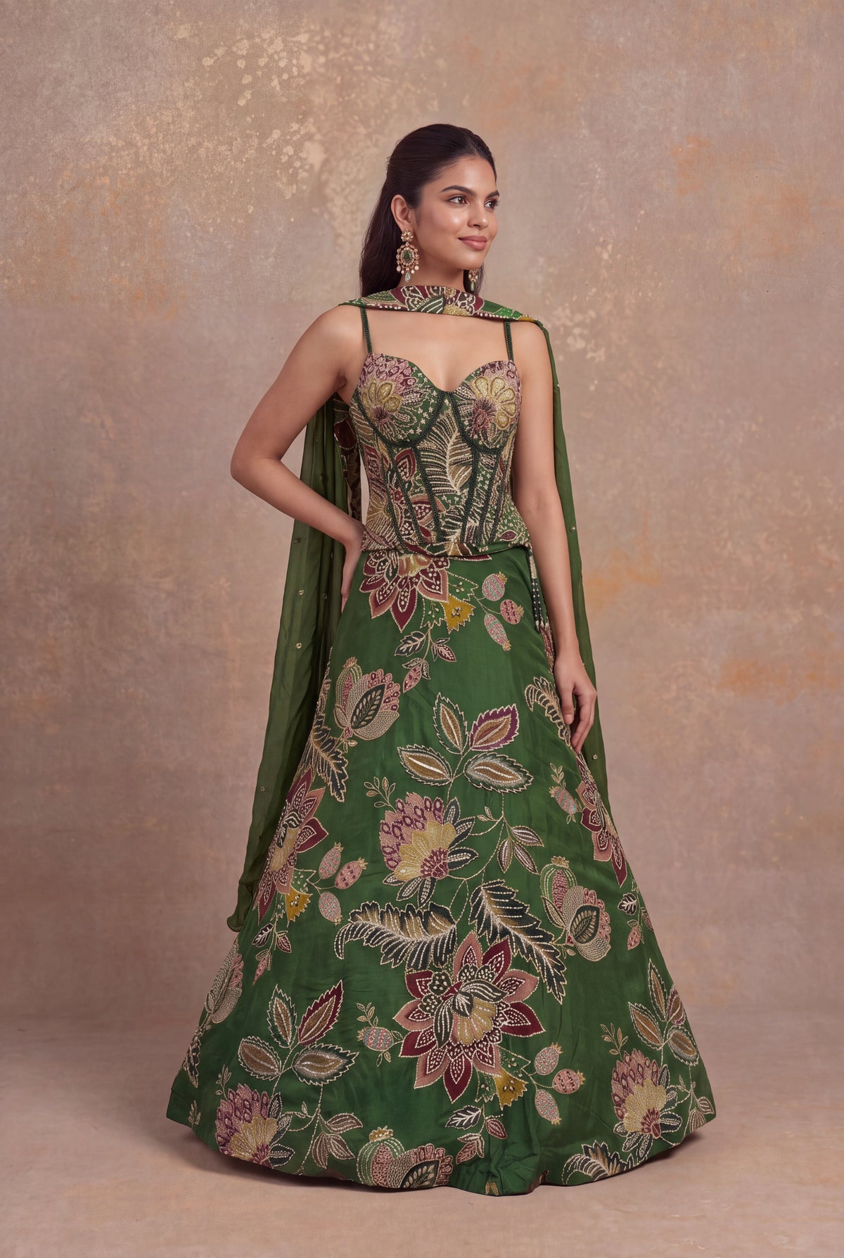 Forest Green Organza Floral Embroidered Corset Lehenga