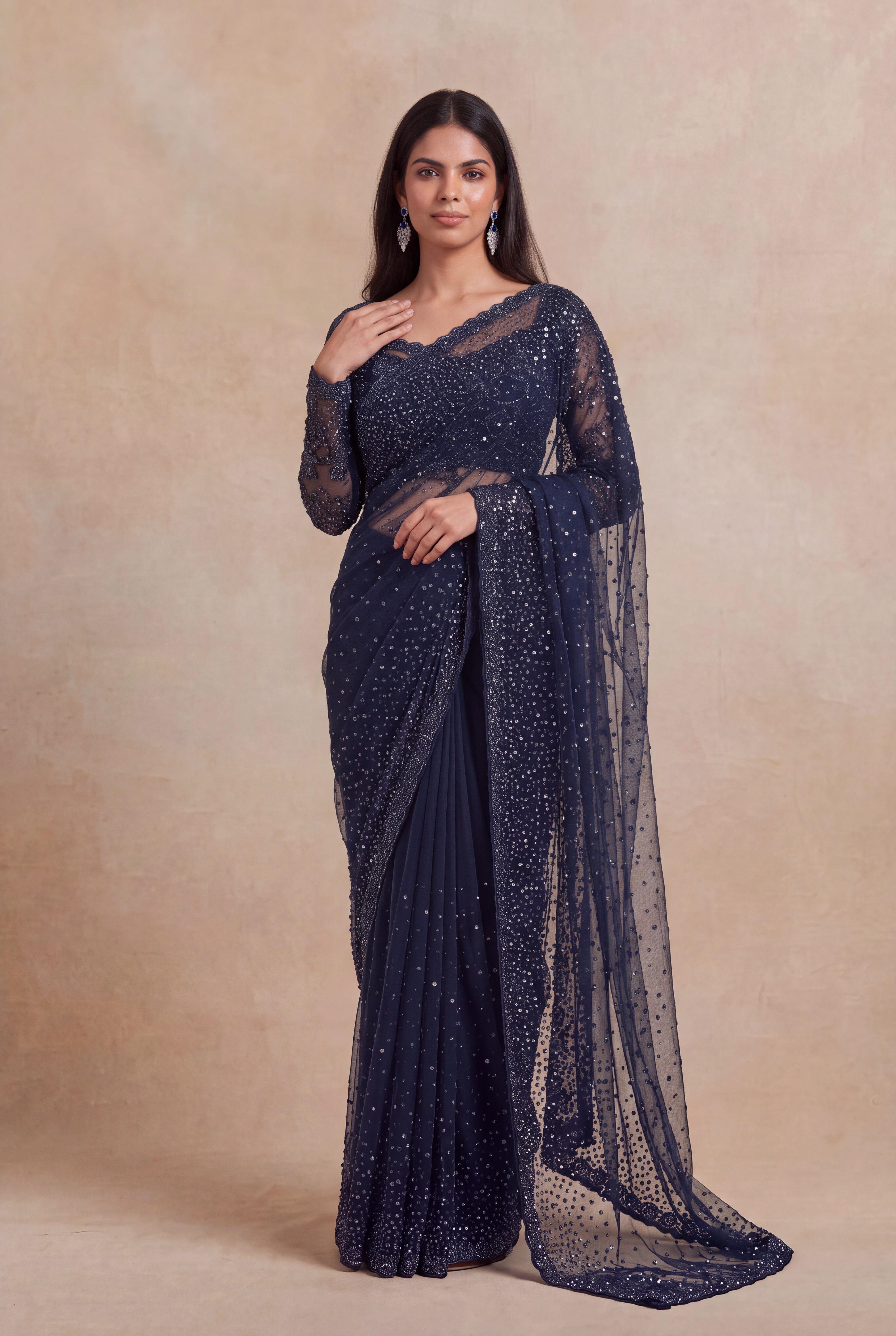 Navy Blue Net Designer Saree