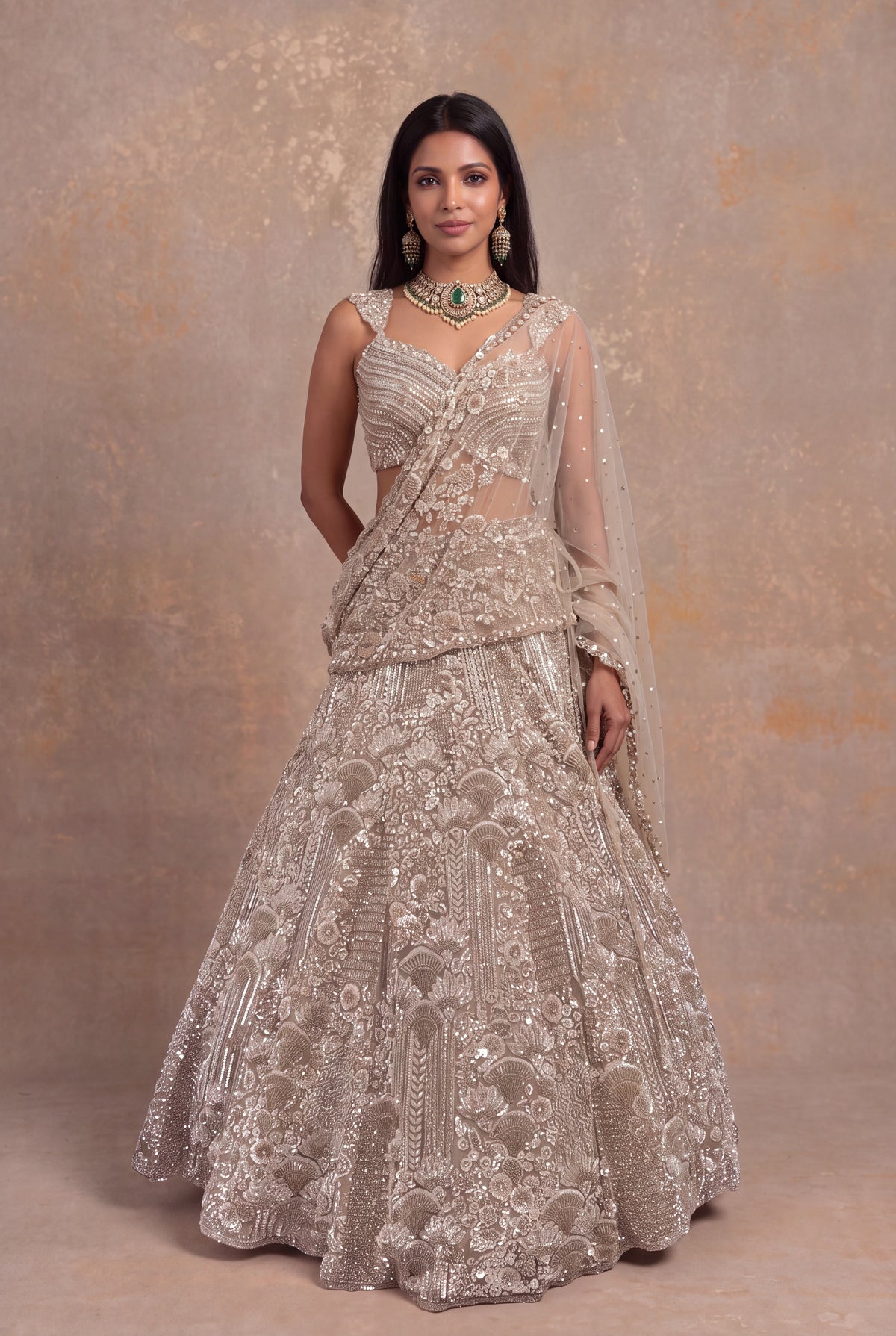 Beige Gold Net Lehenga with Sequin and Bead Embroidery