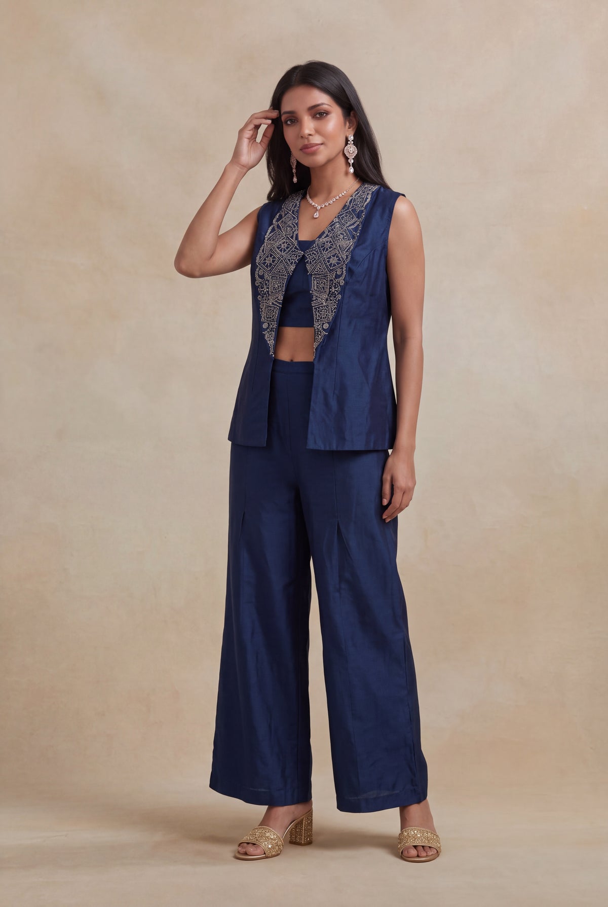 Navy Blue Silk Indo-Western Palazzo Set