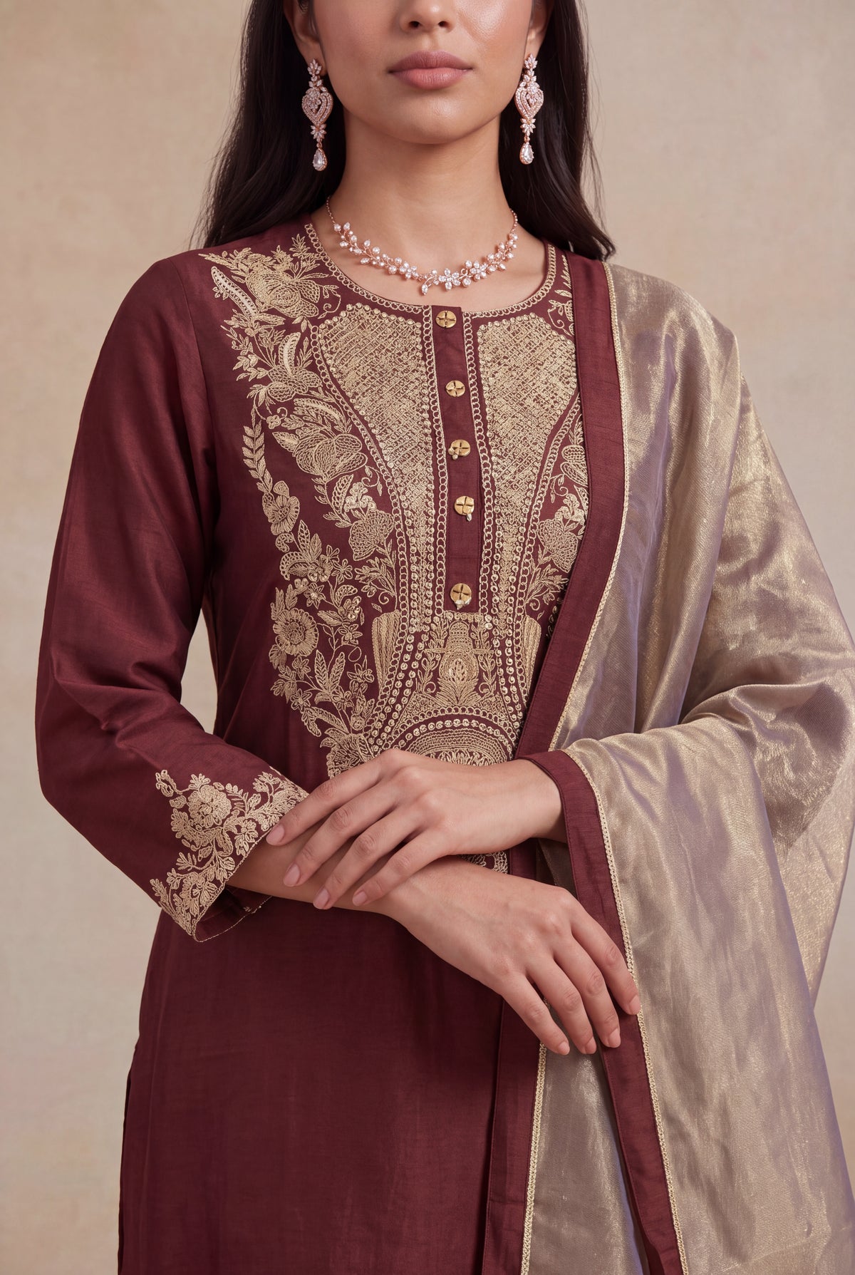 Wine Raw Silk Zardosi A-Line Salwar Set