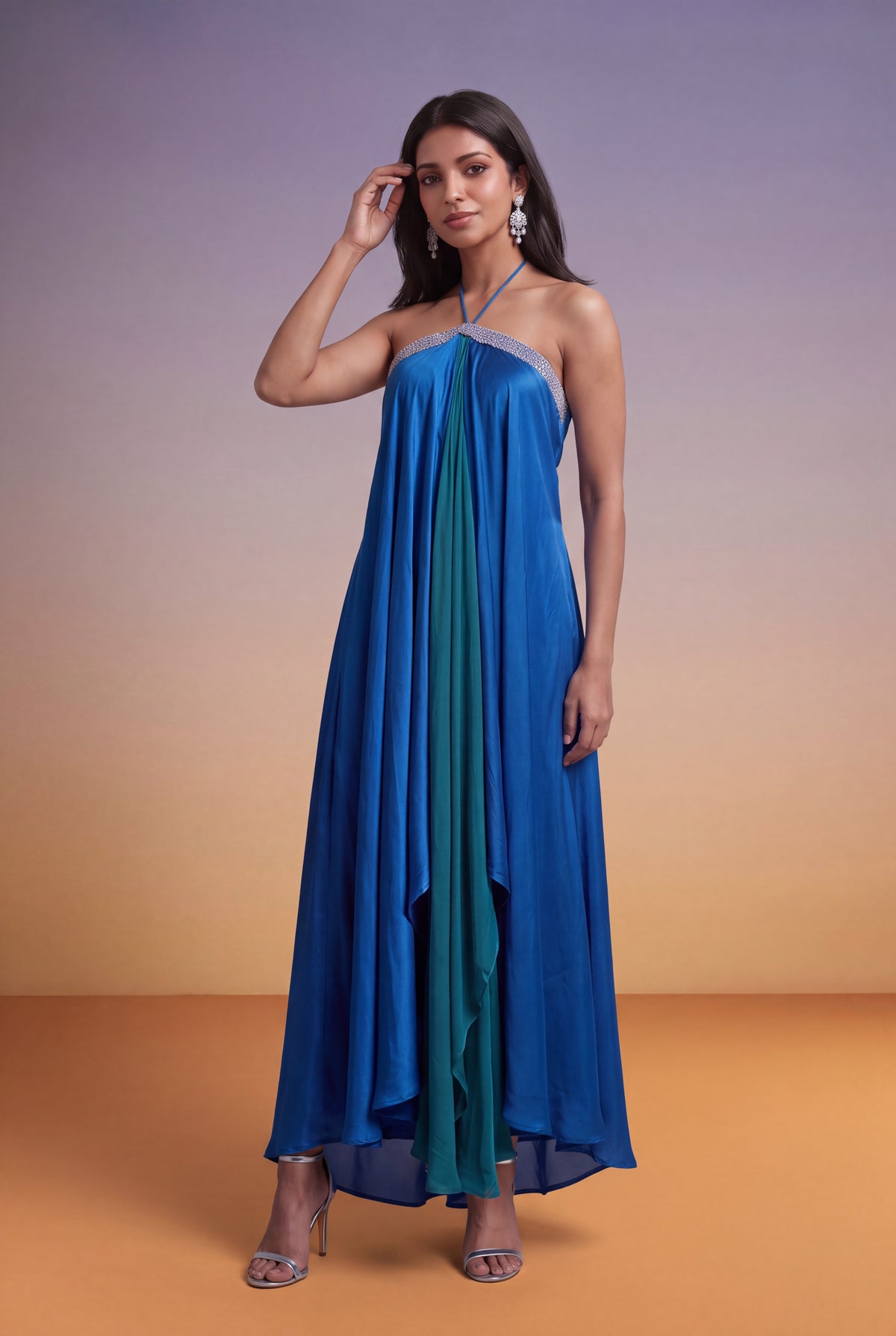 Blue & Teal Draped Halter-Neck Indo-Western Dress