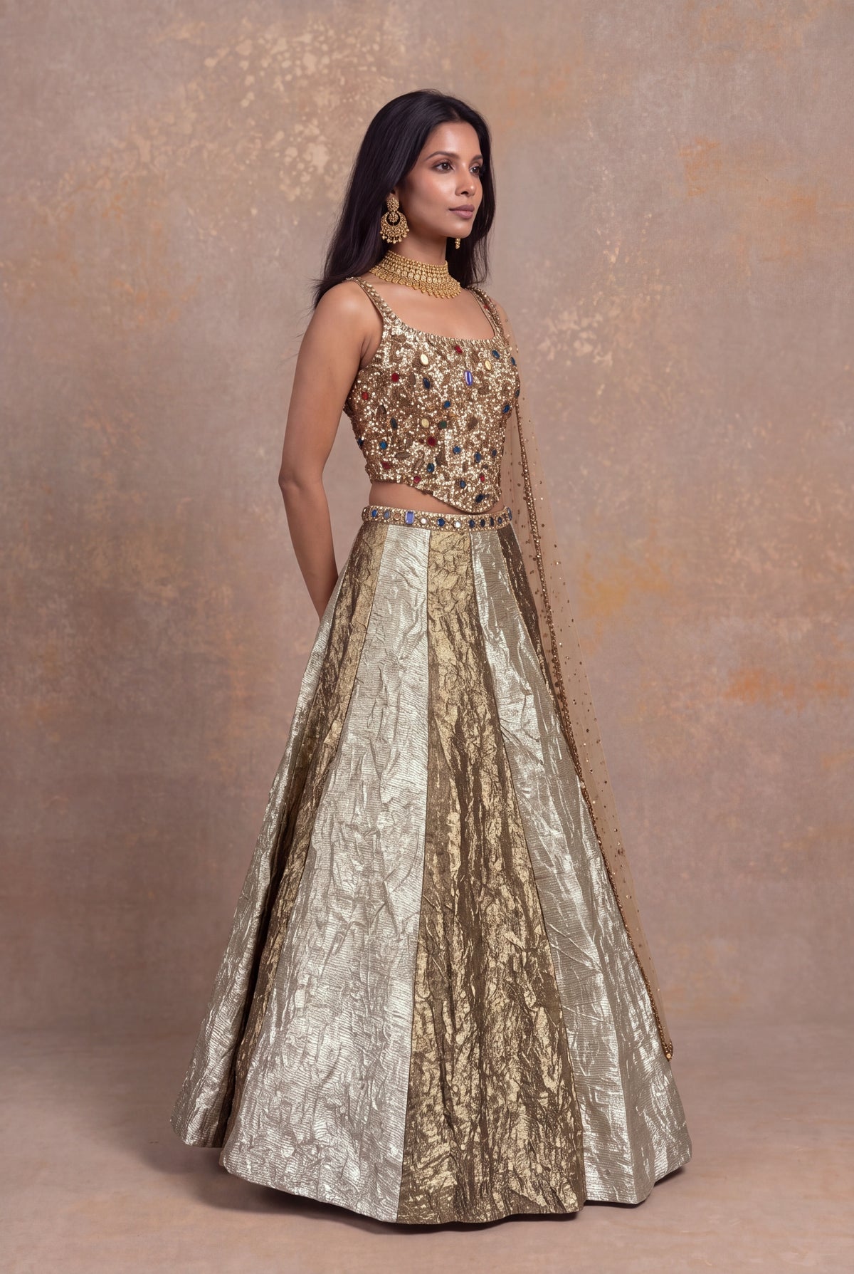 Golden Crush Tissue Jewel Work Lehenga