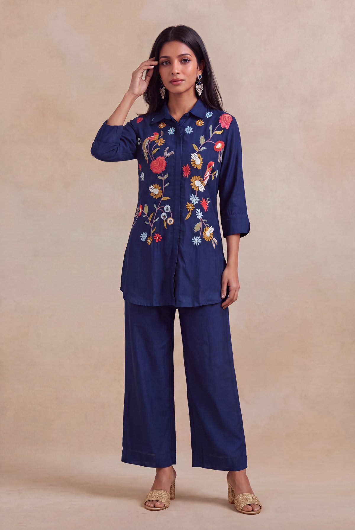 Navy Blue Silk Co-ord Set with Multicolour Embroidery
