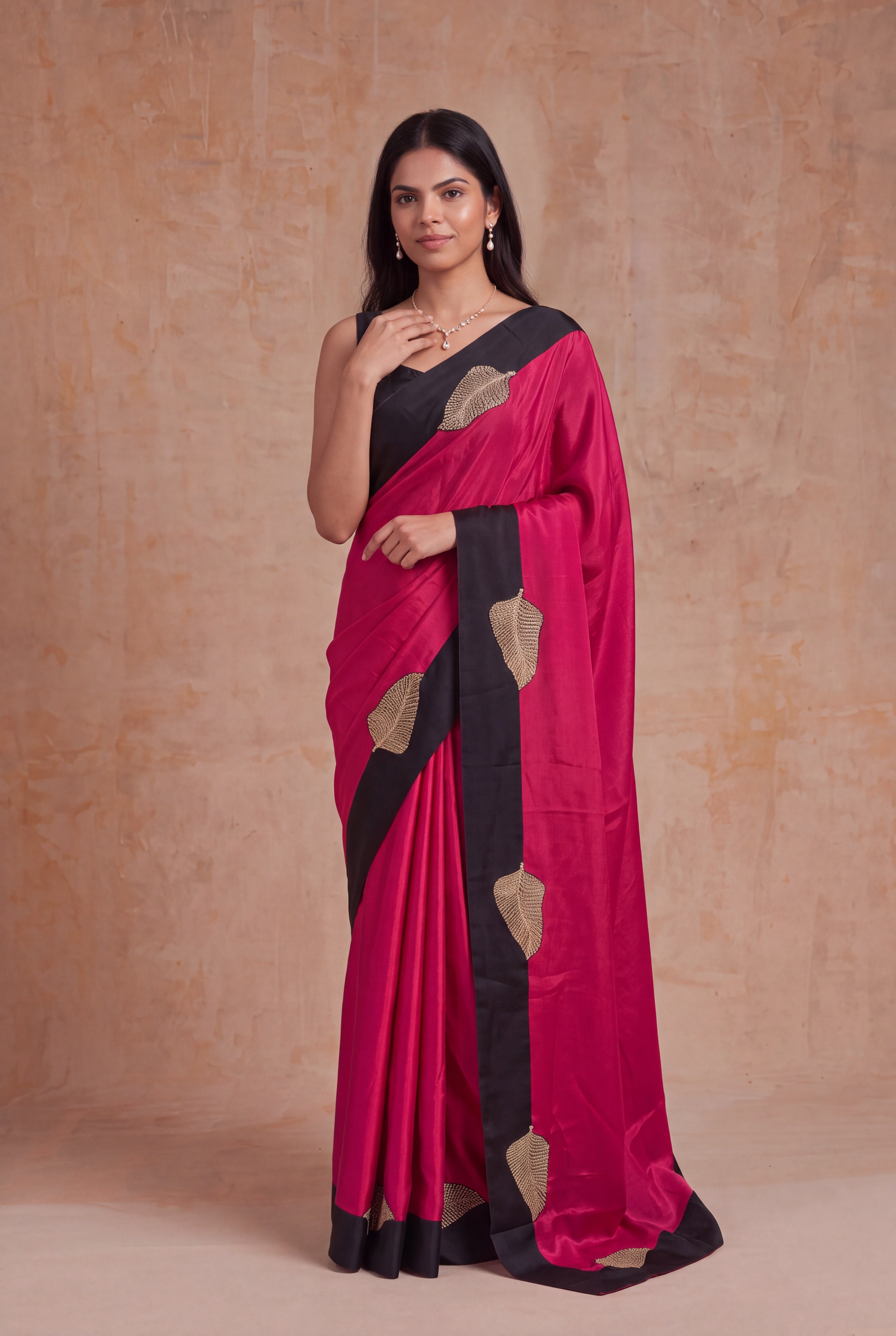 Rani Pink Satin Silk Saree with Black Sequin Border