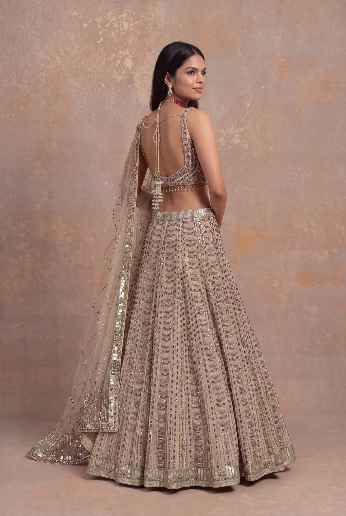 Light Peach Silk Lehenga Set with Stone and Pearl Embroidery