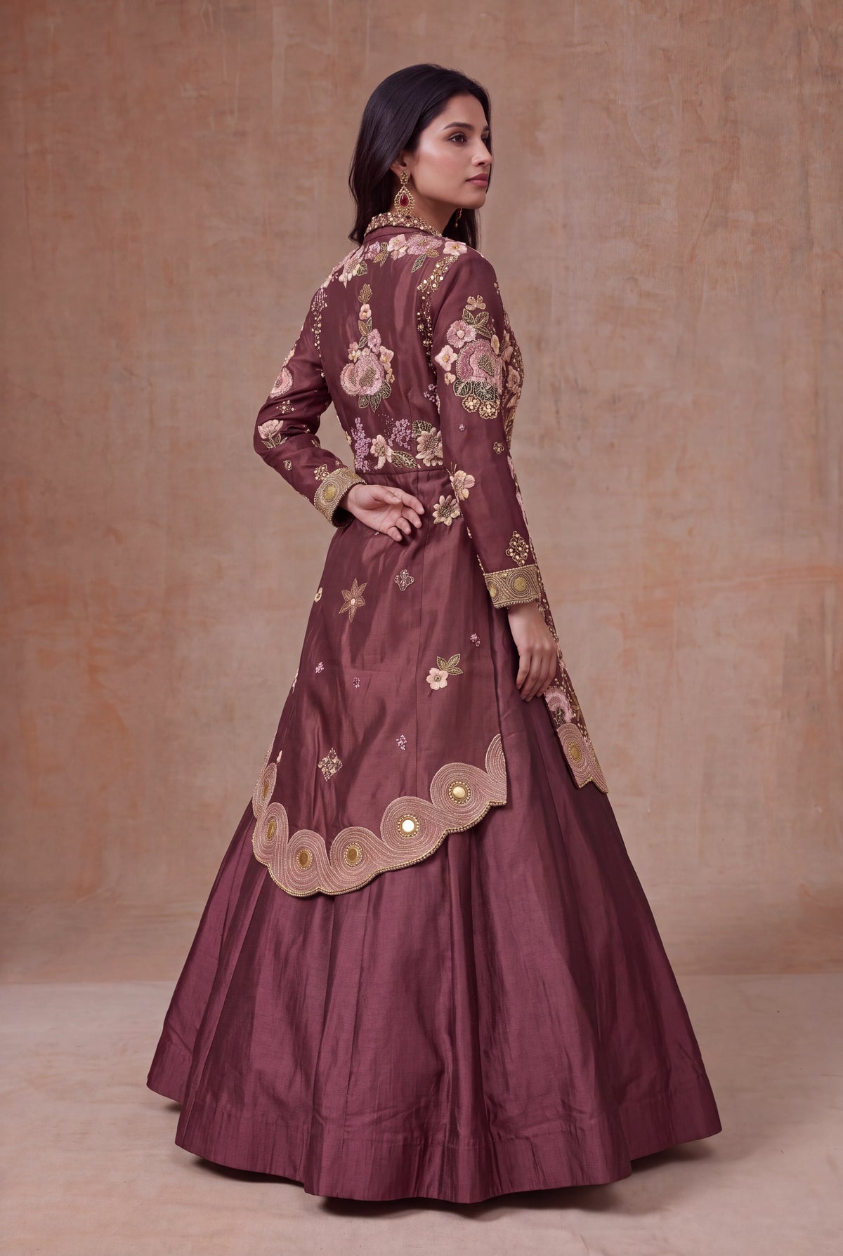 Wine Mauve Raw Silk Jacket Lehenga with Floral Embroidery
