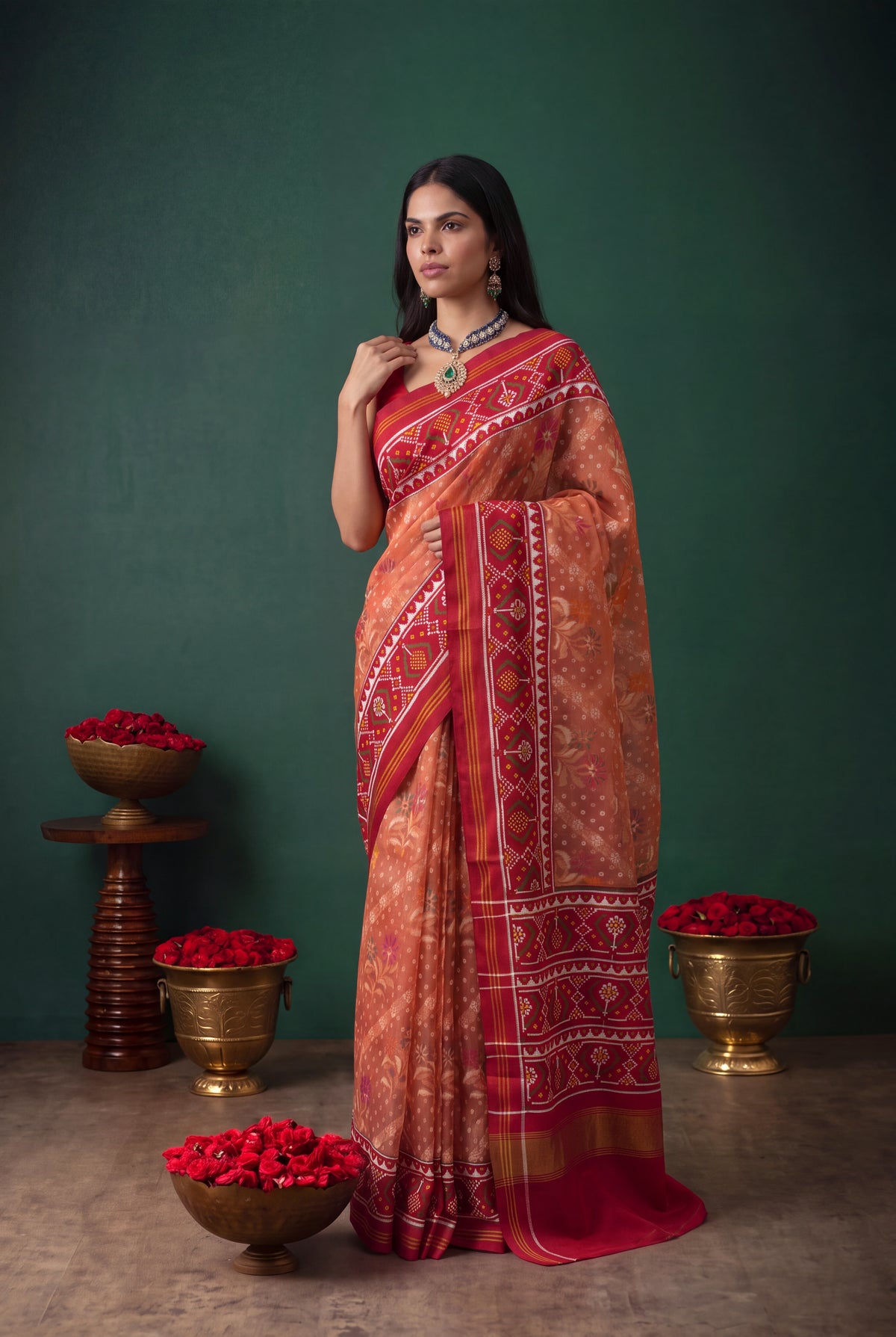 Peach Kora Silk Jamdani Saree