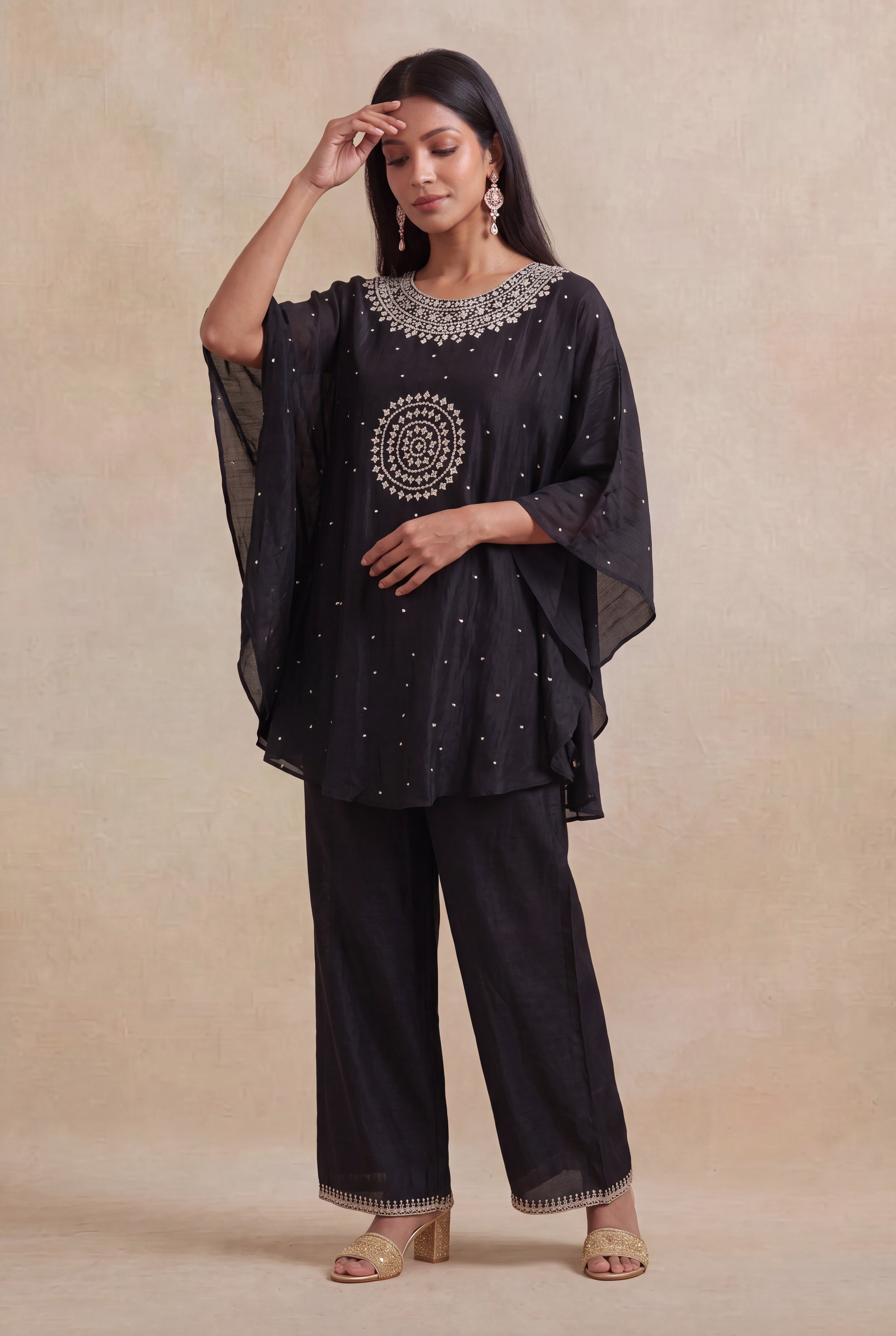 Black Raw Silk Sequin Embroidered Kaftan Co-ord Set