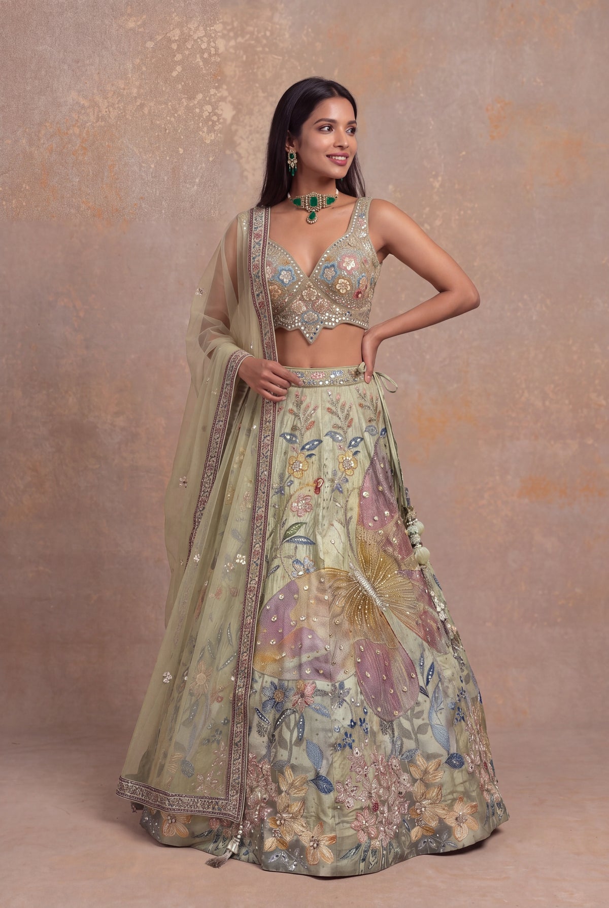 Pista Green Silk Floral Embroidered Lehenga